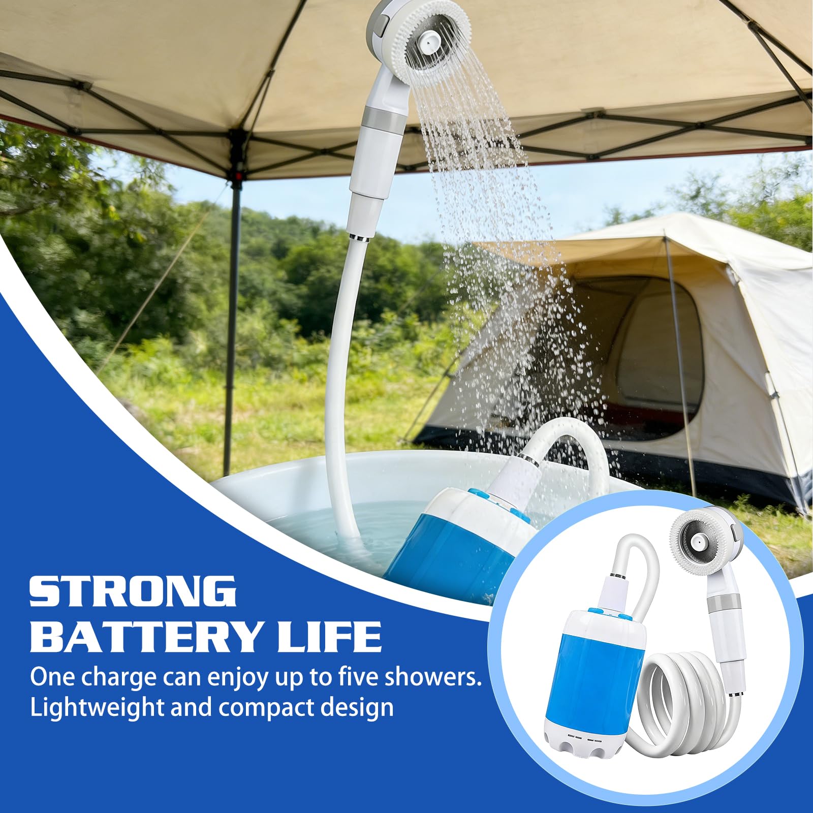 Doccia portatile da campeggio con pompa, 6000 mAh, doccia da campeggio con batteria, doccia mobile per esterni con soffione e tubo, doppia modalità acqua, doccia portatile per campeggio, viaggi