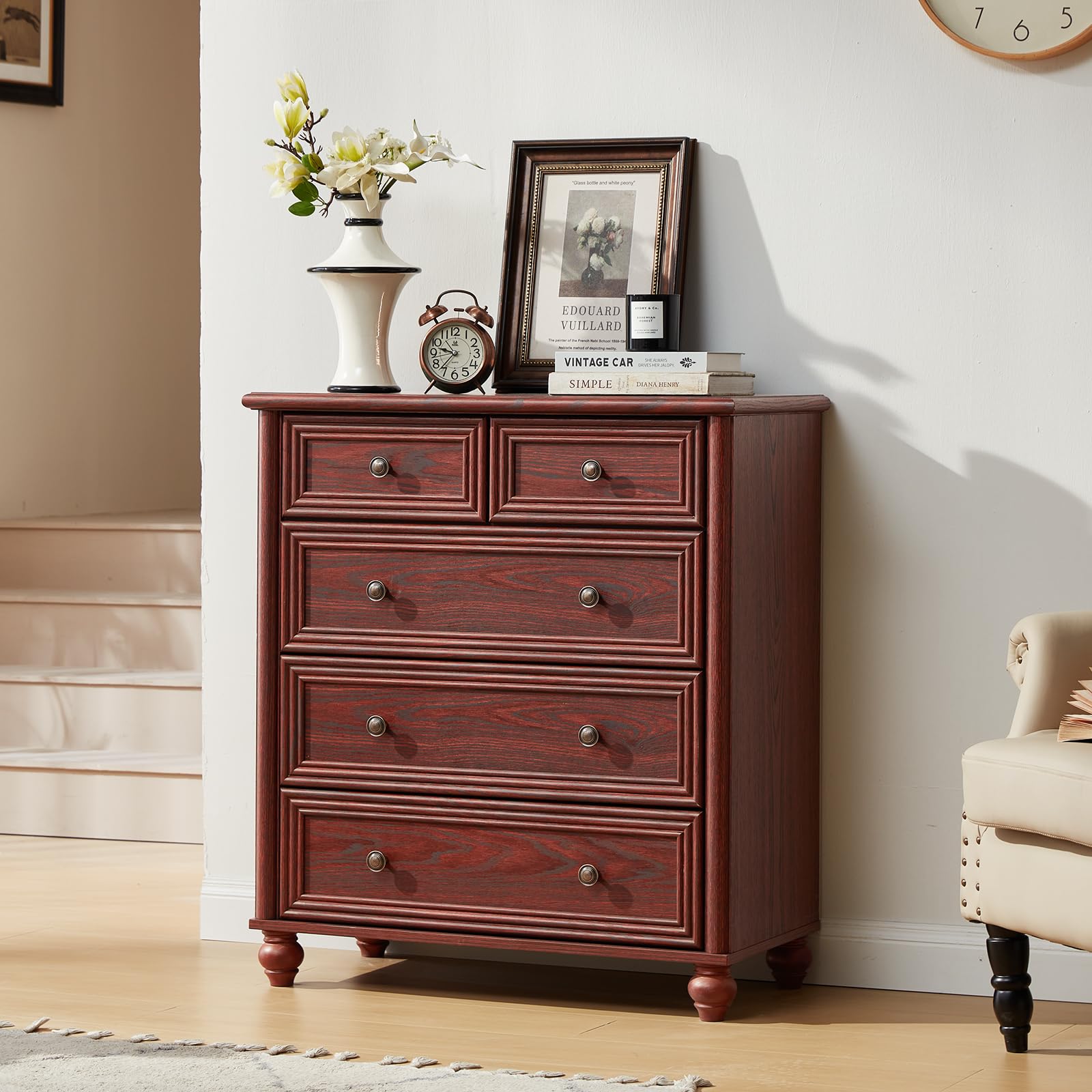 Amazon.com: RWYHG Farmhouse 5 Drawer Dresser for Bedroom, 35.5" Tall Small  Dressers & Chest of Drawers, Rustic Wood Dresser with Roman Column, Storage  Organizer for Living Room, Hallway, Closet (Red Oak) :