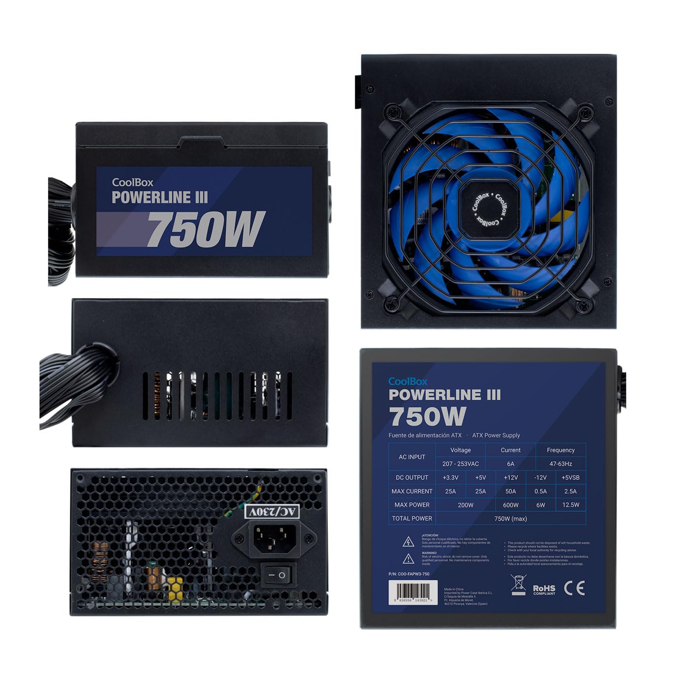 CoolBox Powerline3 750, Fuente de Alimentación PC 750W, ATX, 85% Eficiencia, Ventilador Ultra-silencioso 12cm, Tecnologías SMD y DC-DC, Filtro emi, Cables Planos Largos, Negro