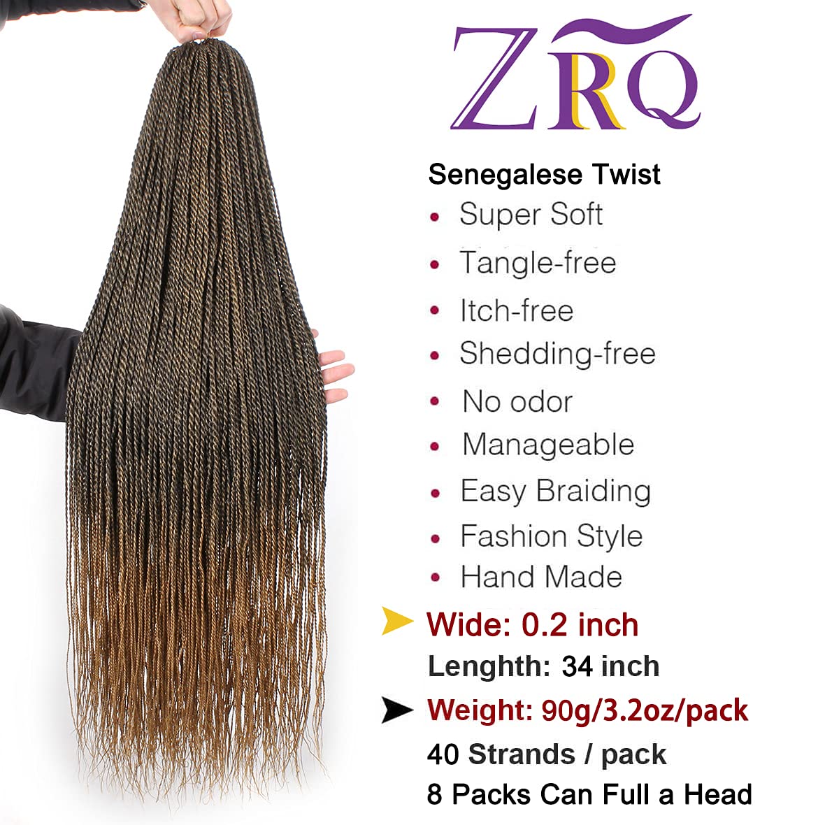 8 Packs 34 Inch 40Strands/Pack Senegalese Twist Crochet Hair Braids Small Twist Crochet Braiding Hair Low Temperature Fiber Synthetic Crochet Hair Extensions(34"8packs,T27#)