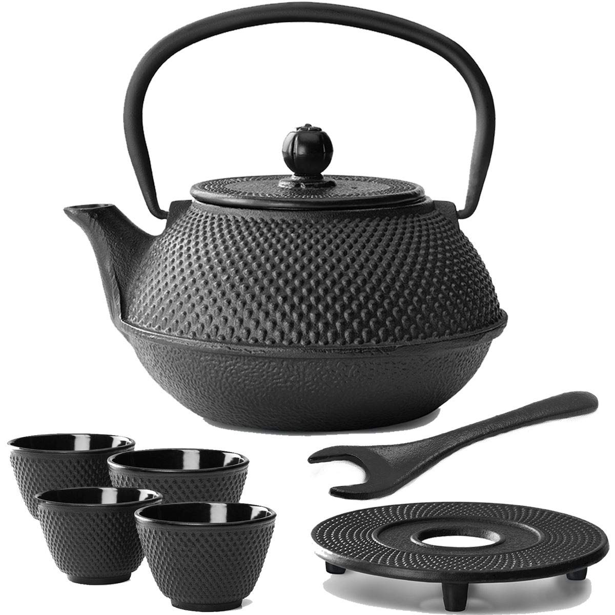 Bredemeijer Teekanne asiatisch Gusseisen Set 0.8 Liter - schwarze Gusskanne mit Henkel & Edelstahl Tee-Filter Sieb-Einsatz für losen Tee & 4 Teebecher (Tassen) & Untersetzer & Deckelheber