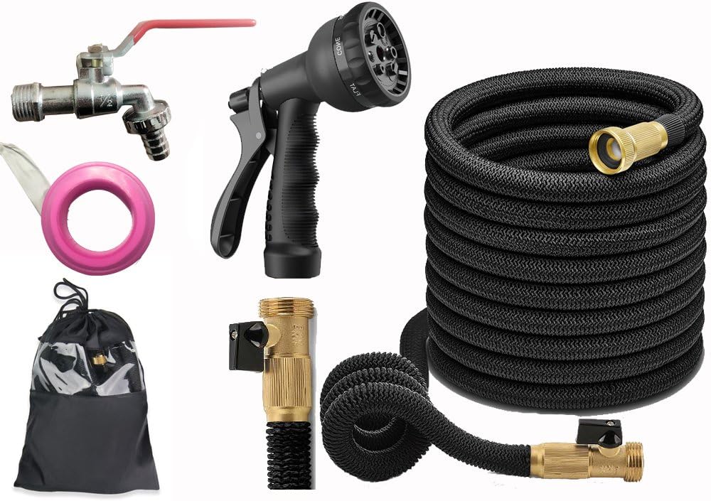 LINNIW Garden Hoses,Expandable Double Latex Core Water Hose with 3/4 Solid Brass Connectors & 1/2 Water Tap with 1 PTFE Tape and 8 Pattern High Pressure Spray 50ft