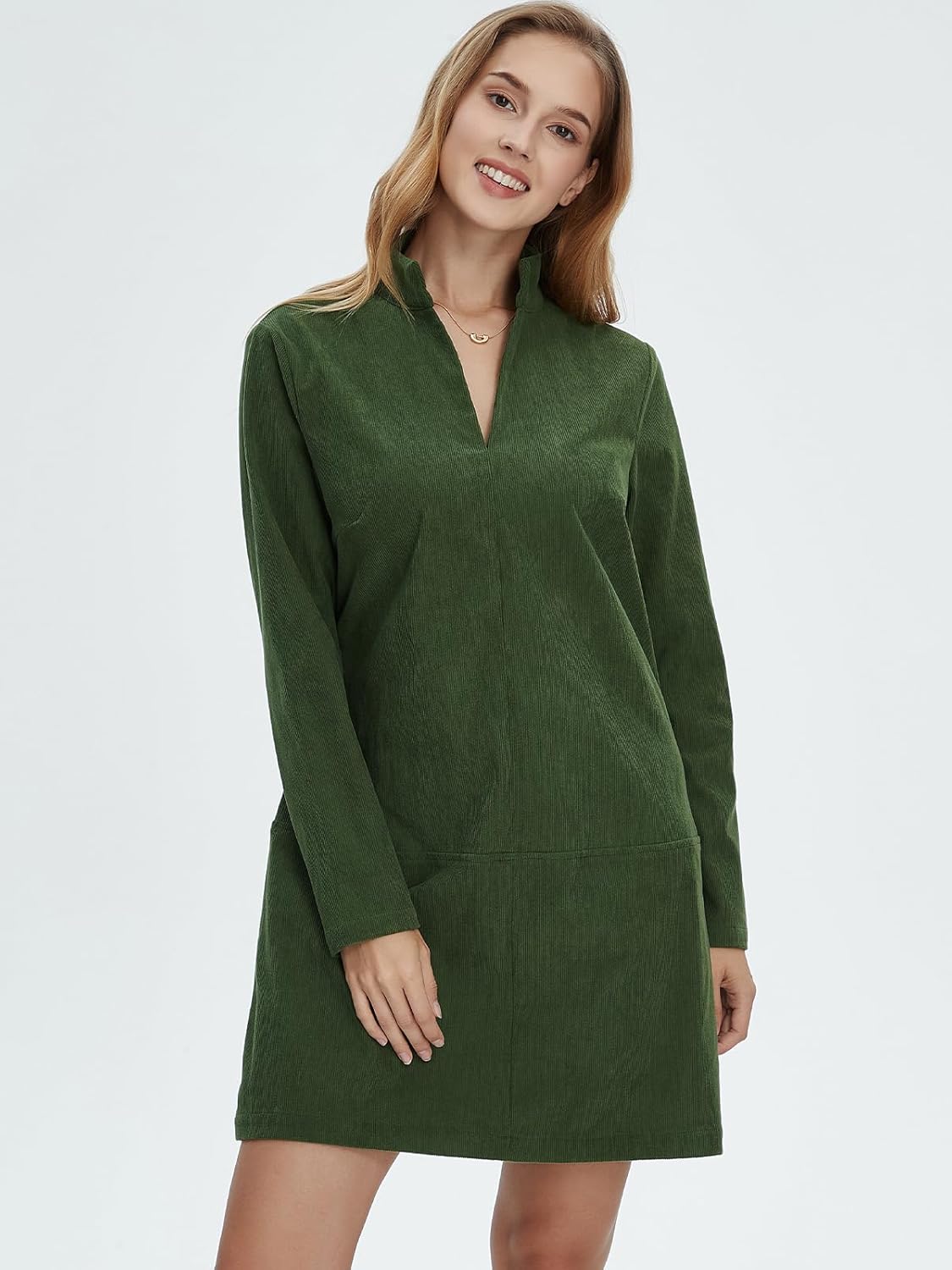 Women Corduroy Dress V Neck Long Sleeve Casual Vintage Retro A Line Mini Dresses - Image 5