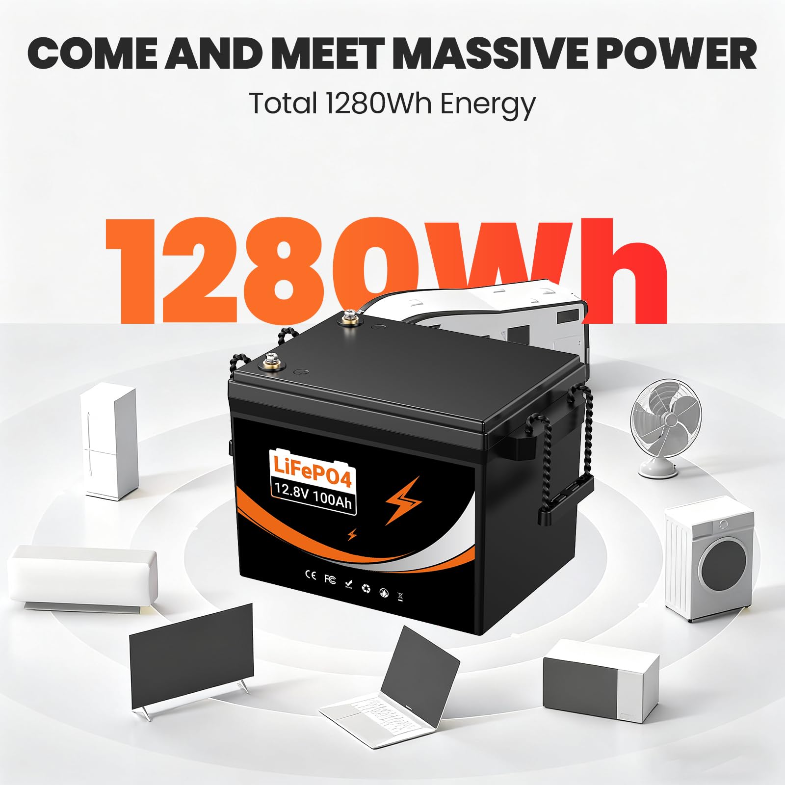 Batterie Lithium 12V 100AH avec Protection de 100ABMS, LiFePO4 Batterie avec 4000 à 15000 Cycles pour Camping Car, Caravane, Bateau, Panneau Solaire