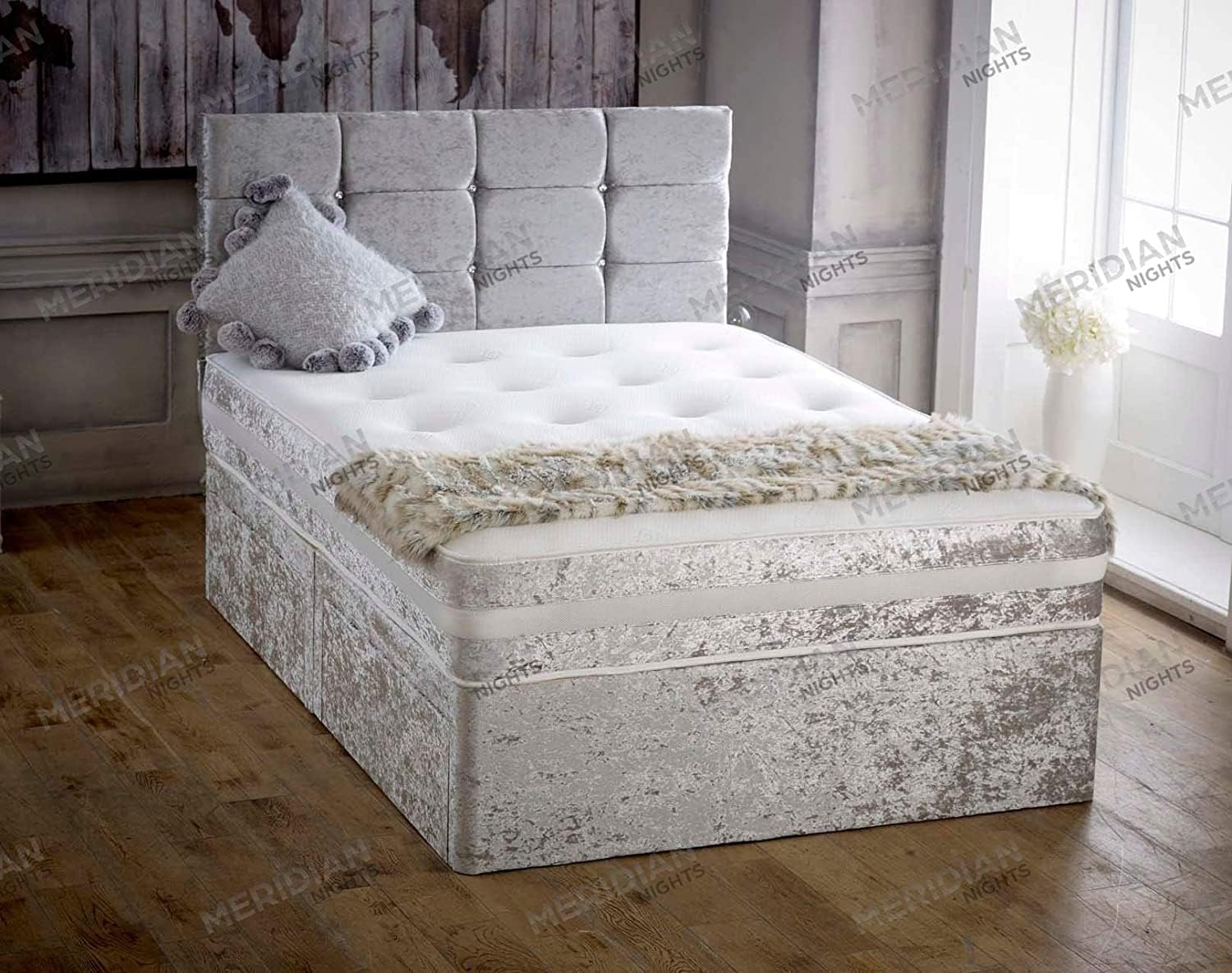 Crushed Velvet Divan Bed Set With Matching Memory Spring Mattress 20