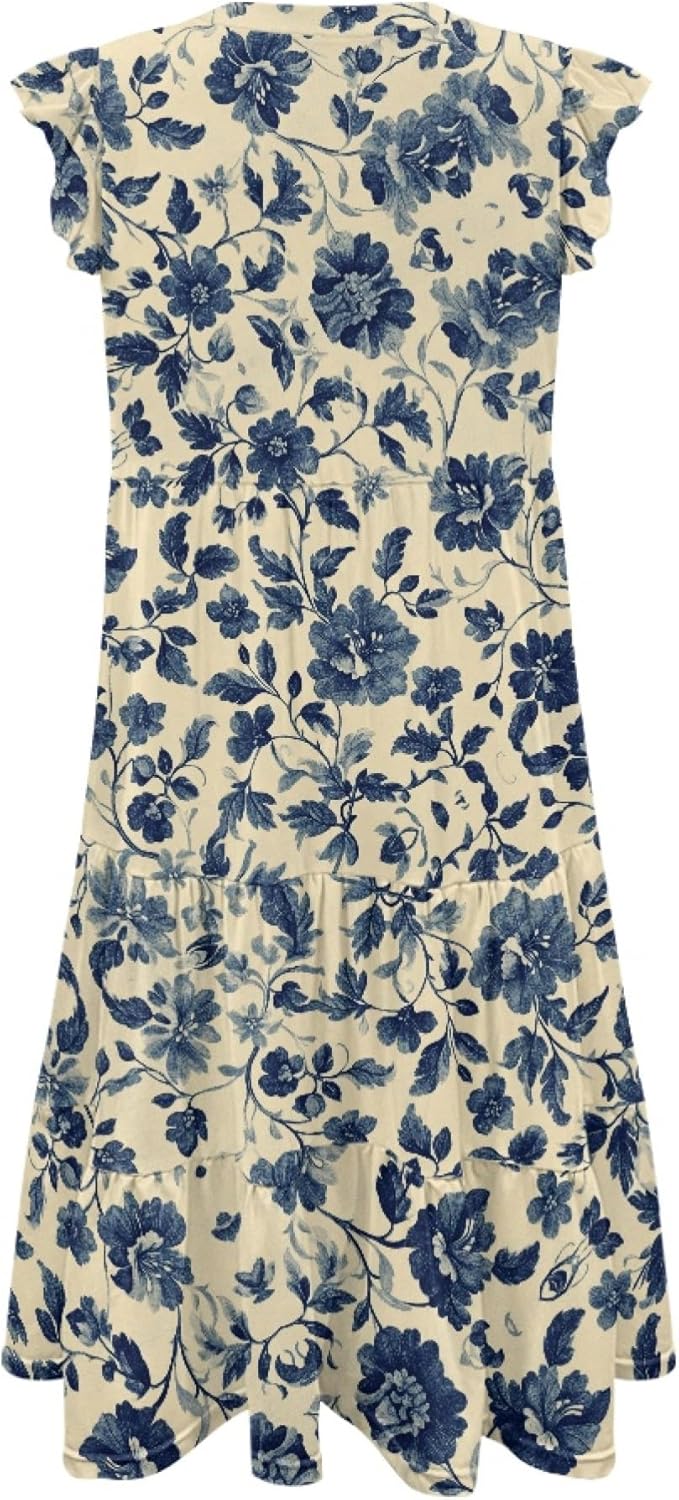 Womens Casual Dresses Summer Ruffle Sleeve V Neck Empire Waist Midi 2025 Fashion Fit Smocked Tiered Boho Sundress - Image 6