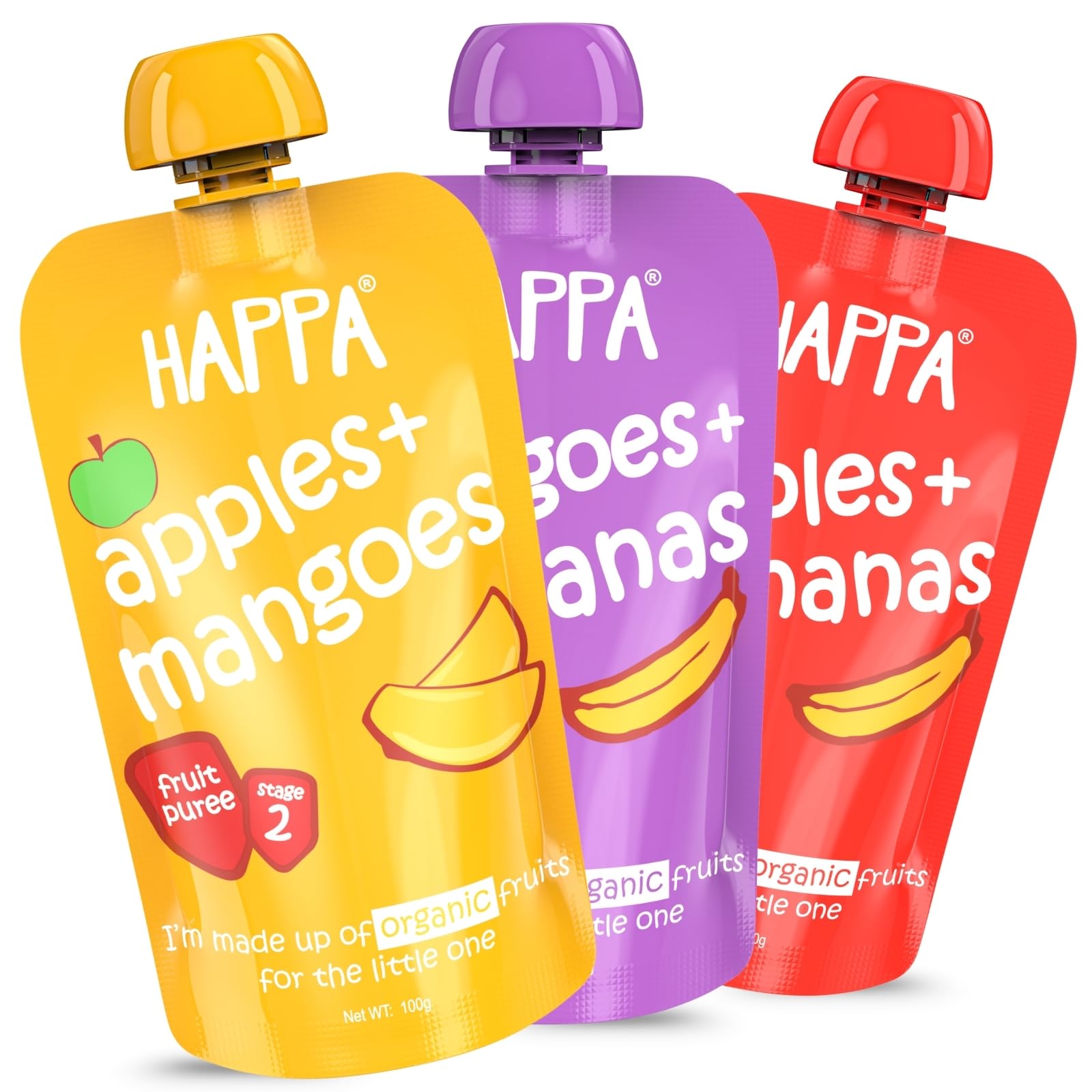 Happa Healthy Baby Food Puree | 100% Fruits | No Added Sugar, No Milk Powder, No Preservatives | Stage 2 (6 Months+) | Ready to Eat | Free from Common Allergens | Pack of 3 (100g Each)