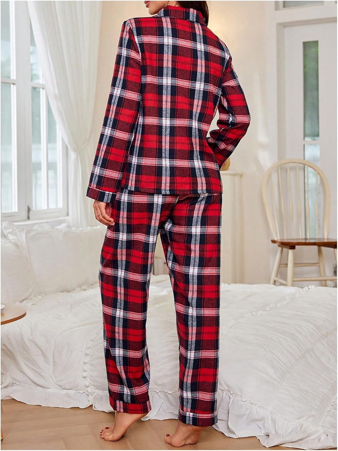 MakeMeChic Women's 2 Piece Plaid Pajama Set Long Sleeve Button Down Shirt and Pants Matching Sets - Image 3