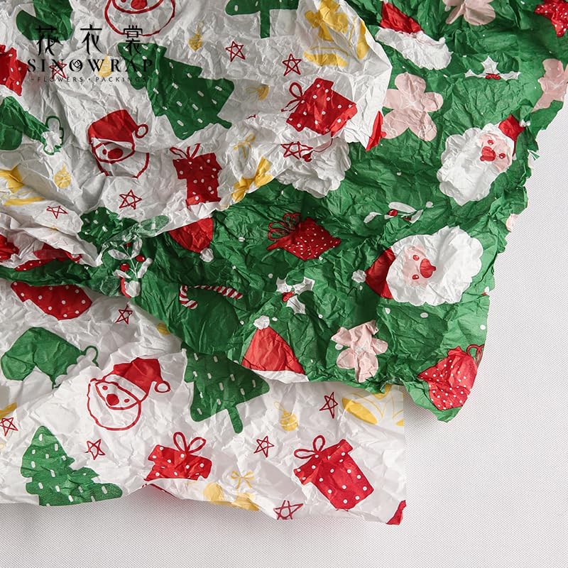 Christmas Snow Tissue Paper, 15 Sheets, Santa and Tree Patterns, Red Green White (Green)