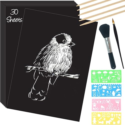 ZOCONE Juego de arte de papel para rascar, 30 hojas de 8 x 11 pulgadas, papel para rascar grande con lápices y plantillas de madera, papel de arte