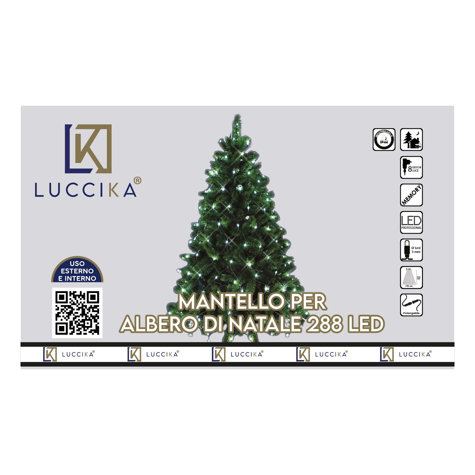 Luccika Lichterumhang mit 288 LEDs, Eisweiß, für Weihnachtsbaum, 230 bis 290 cm Höhe, mit Speicher und 8 Lichteffekten, für Innen und Außen