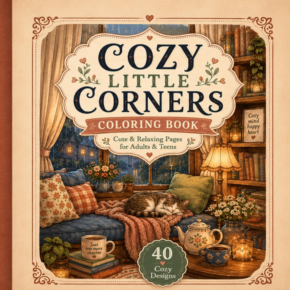 Cozy Little Corners Coloring Book: Cute and Relaxing Coloring Pages for Adults and Teens Featuring Cozy Rooms, Reading Nooks, Cafés, Plants and Rainy Day Moments