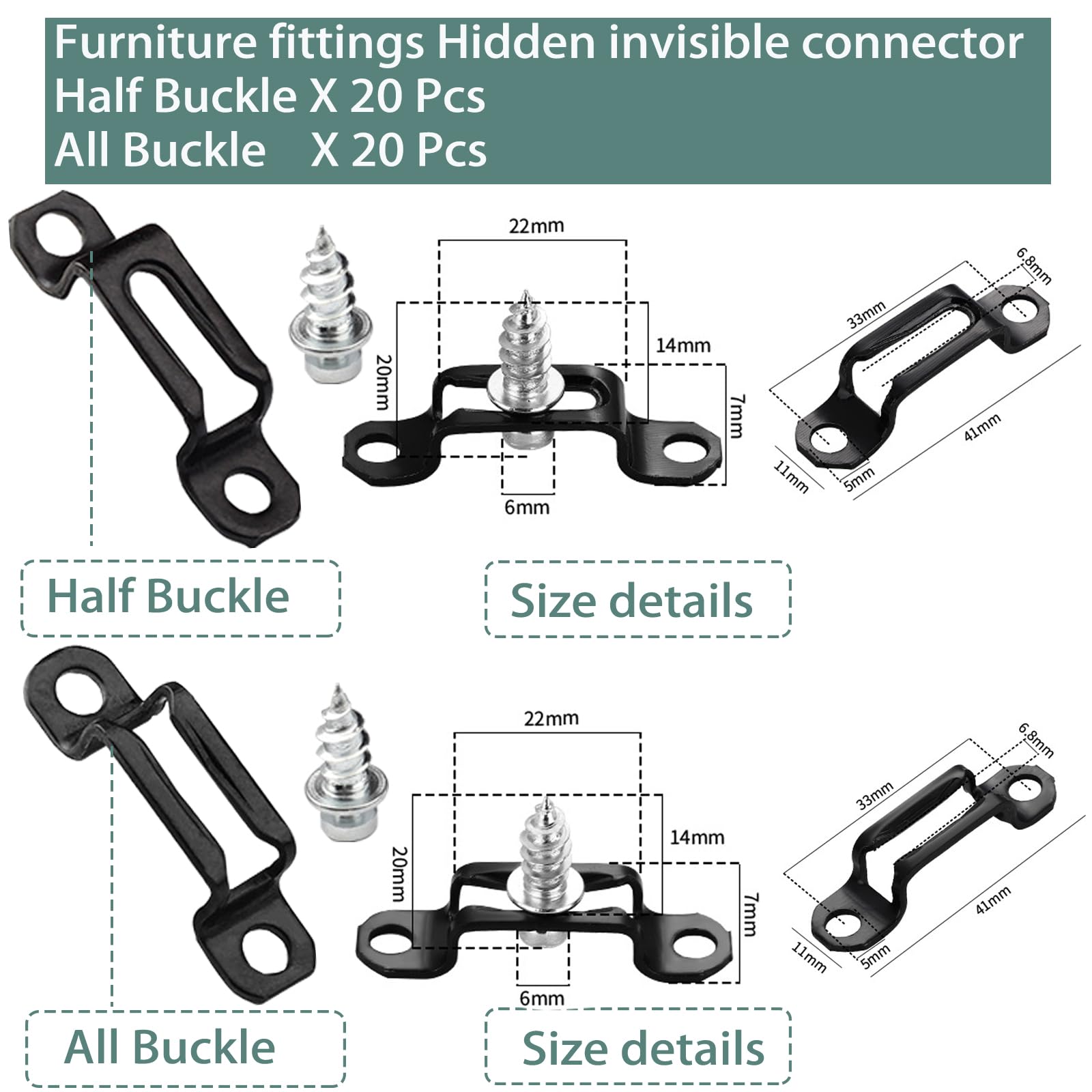 Pack of 40 Invisible Connectors 2 in 1 Hidden Invisible Connector for Cabinet Connectors Furniture Fixings with Screws 1.6 x 0.4 x 0.35 in (L x W x H) (Black) - Image 3
