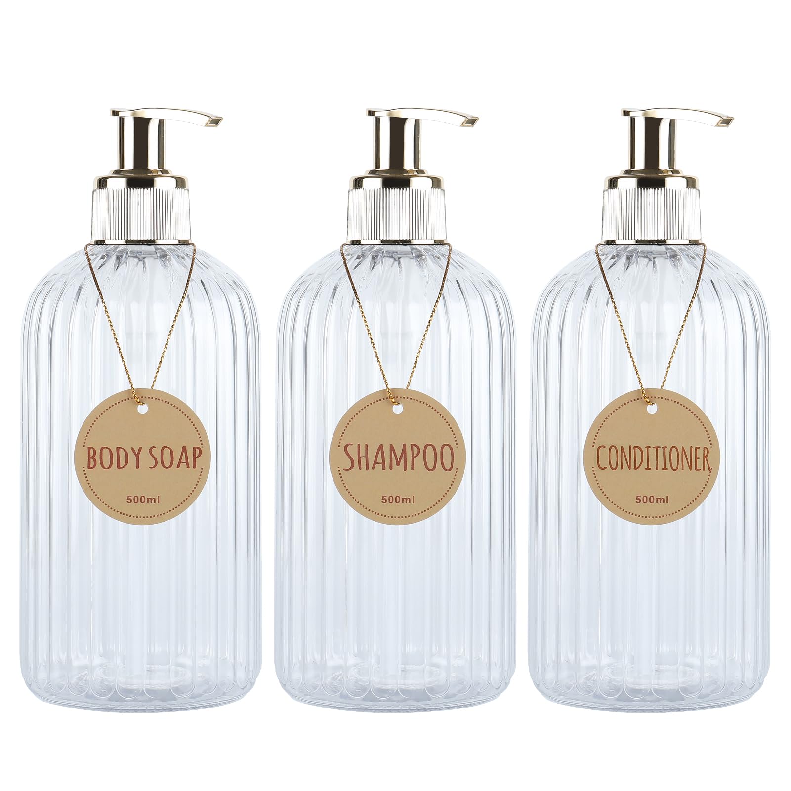 DEROANBOTT Bathroom Shampoo and Conditioner Dispenser, Reusable Plastic Bottles for Shampoo and Shower Gel, with Waterproof Labels, soap Dispenser with Pump (Transparent)