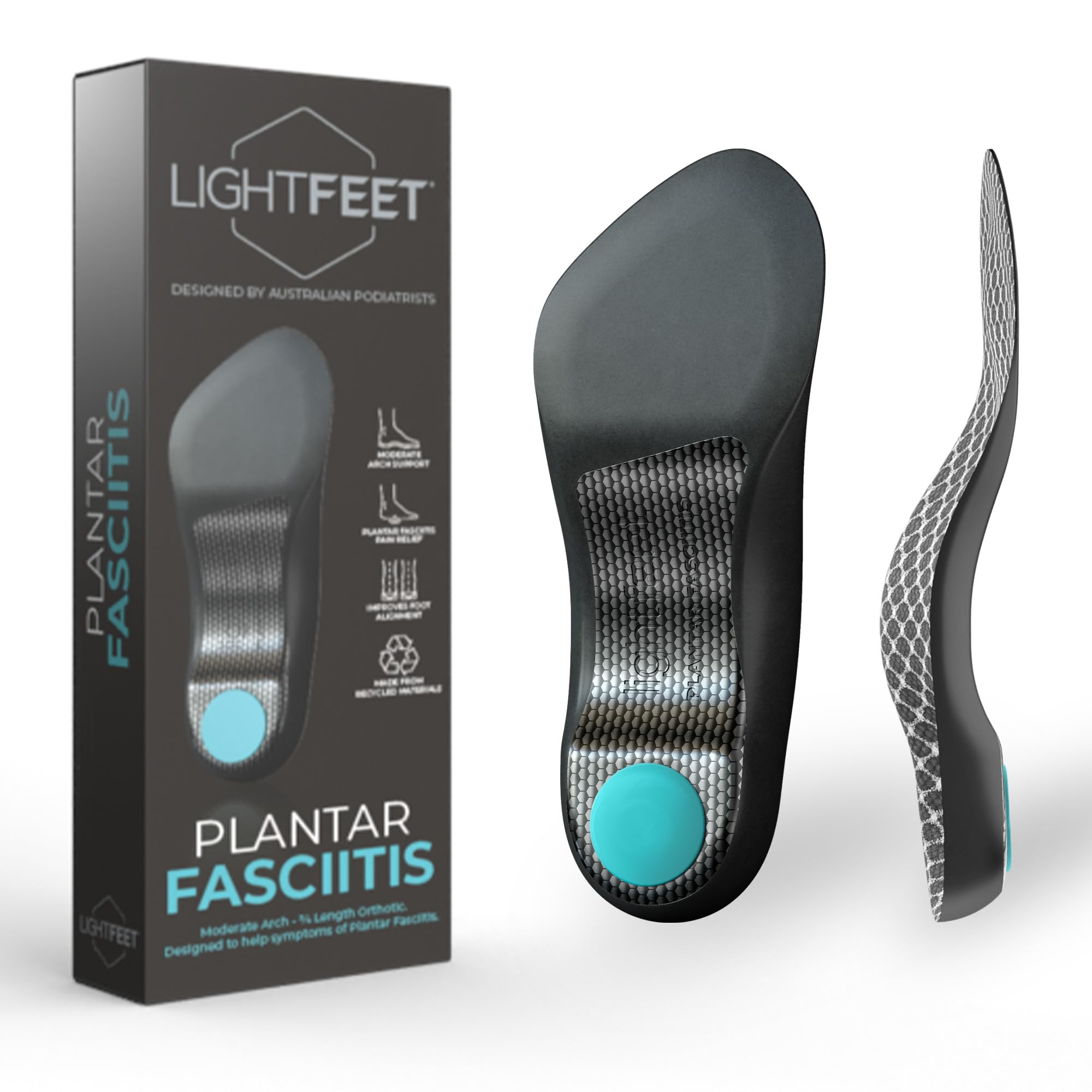 LightFeet3/4 Plantar Fasciitis Insole: Designed by Australian Podiatrists for Relief of Symptoms of Plantar Fasciitis | Flex Torsion Plate for Plantar Fascia Support, Hydro Gel™ Cushioning - M
