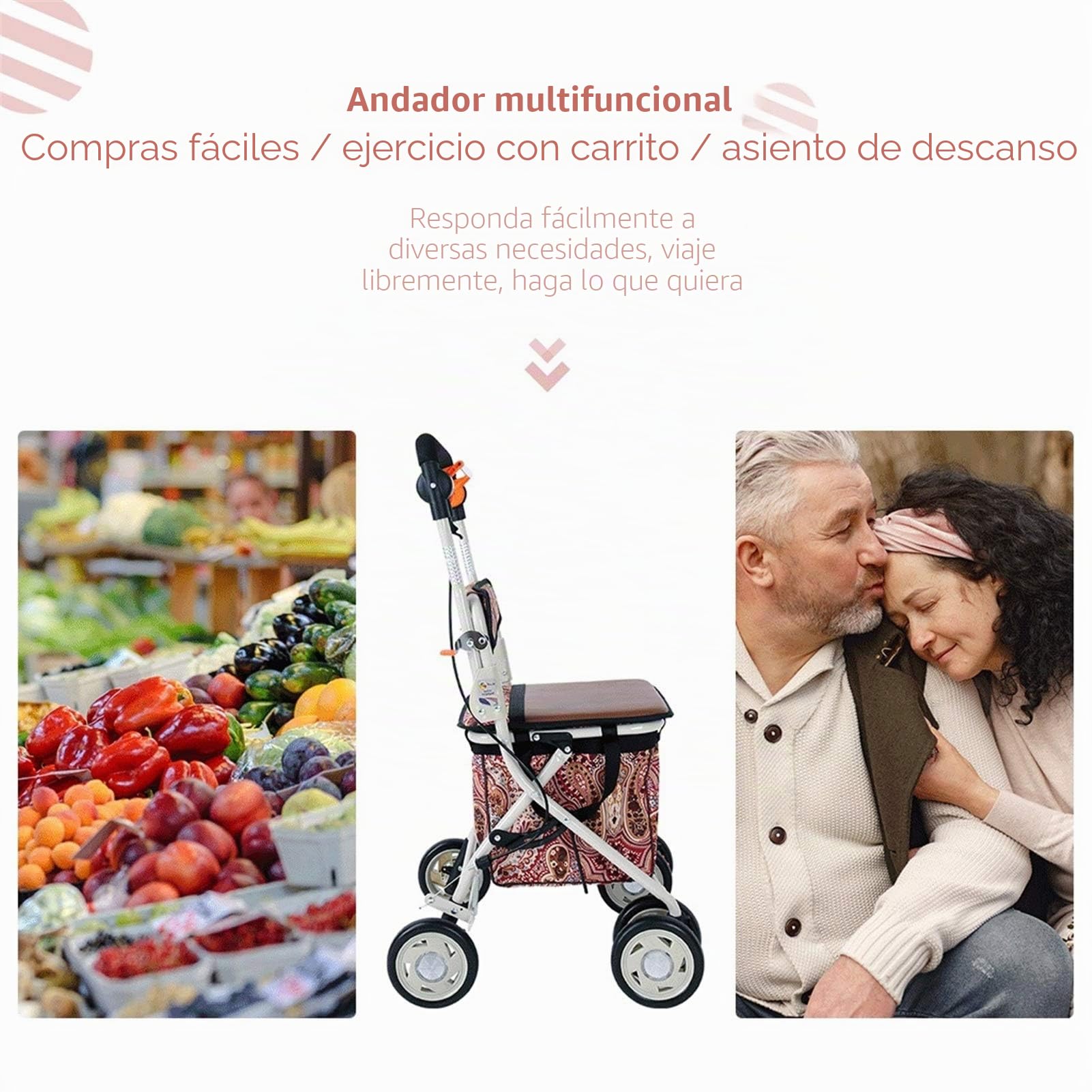 Andador con asiento, plegable ligero, altura ajustable, asiento acolchado, cesta de transporte, frenos bloqueables, fácil almacenamiento y transporte