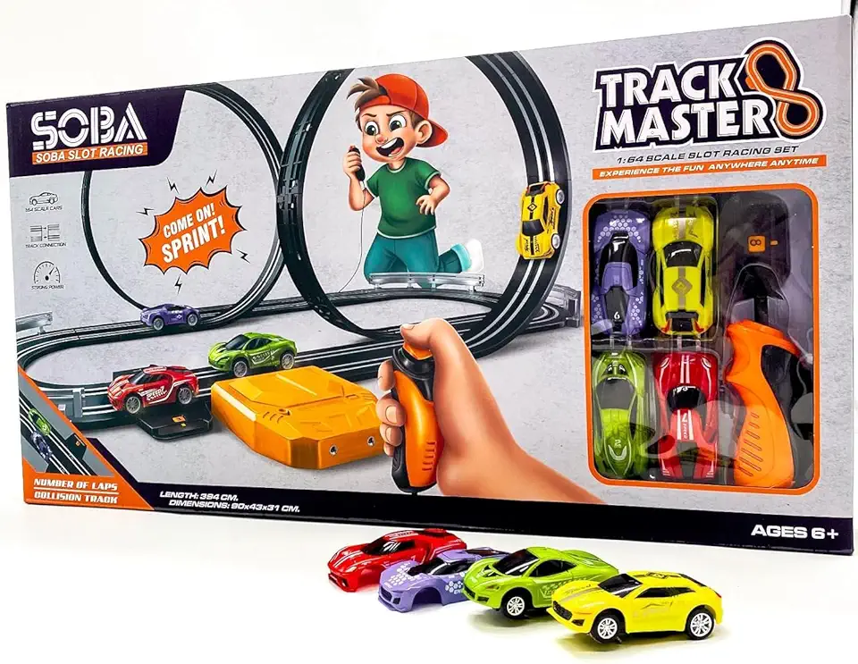 Pista de Autorama Elétrica Track Master 1:64 com Looping 360°, 4 Carrinhos + Controle Manual – Brinquedo Infantil Corrida Slot Racing 6+