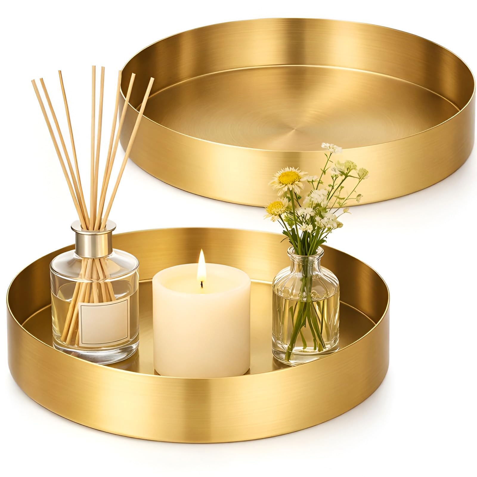 Photo 1 of 2 Pcs 7 Inch Round Gold Tray, Stainless Steel Metal Decorative Tray Vanity Trays Makeup Organizer, Coffee Table Trays for Jewelry Perfume Candle Kitchen Tableware