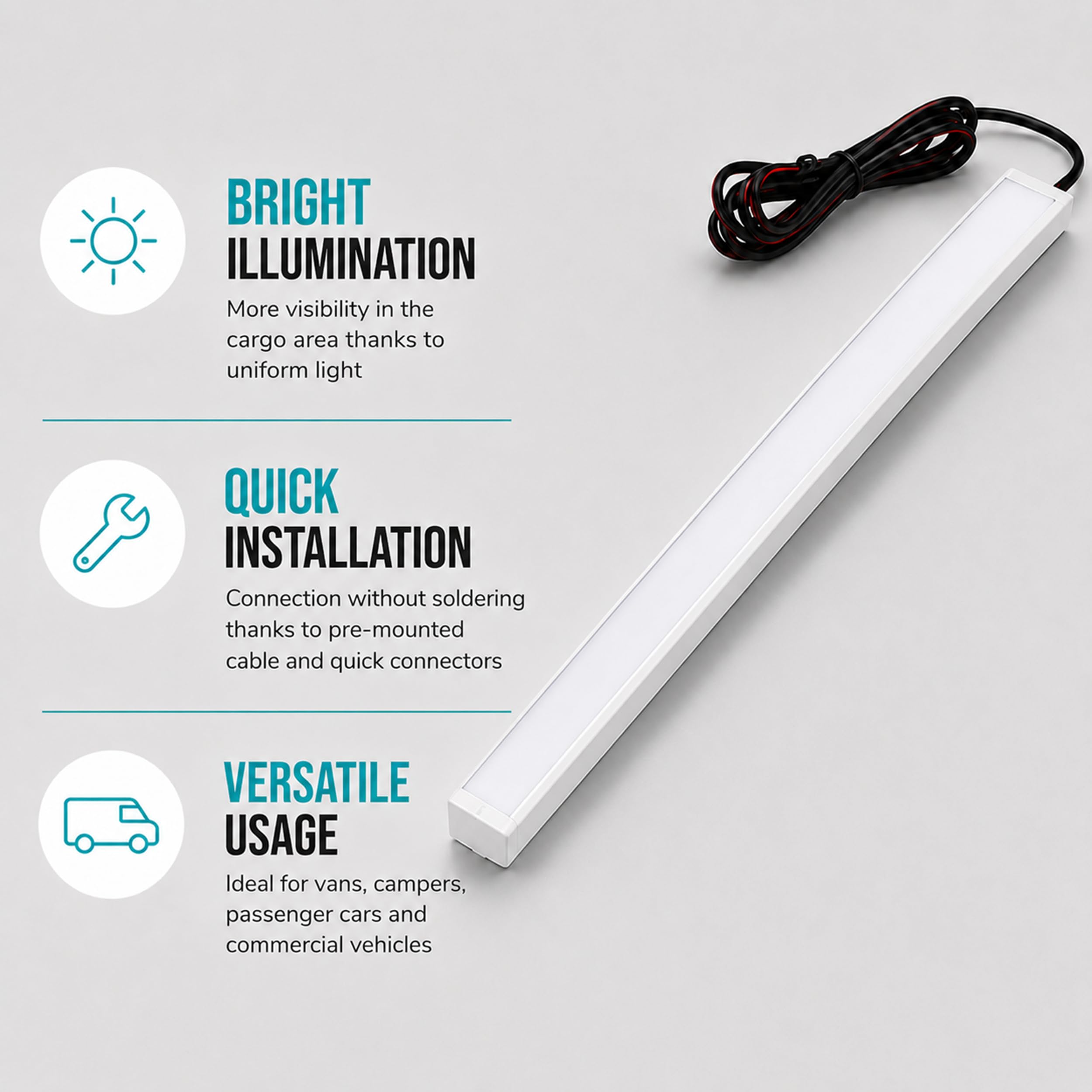 QLS LED Laderaumbeleuchtung 12V Kaltweiß 100 cm milchig Weiß | Milchige Abdeckung für gleichmäßiges Licht mit 2 m Kabel Schnellverbindern und Klebeband für einfache Montage