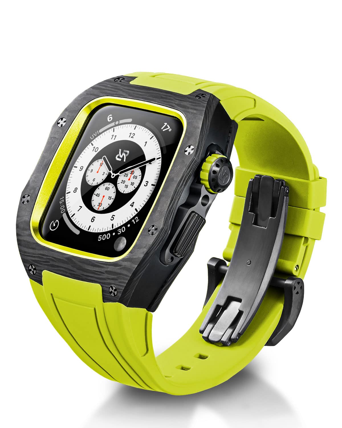 Luxury Carbon Fiber Case Rubber Strap for Apple Watch Band 44/45mm, Modification Kit Mod for Series 8/7/6/5/4/SE Iwatch