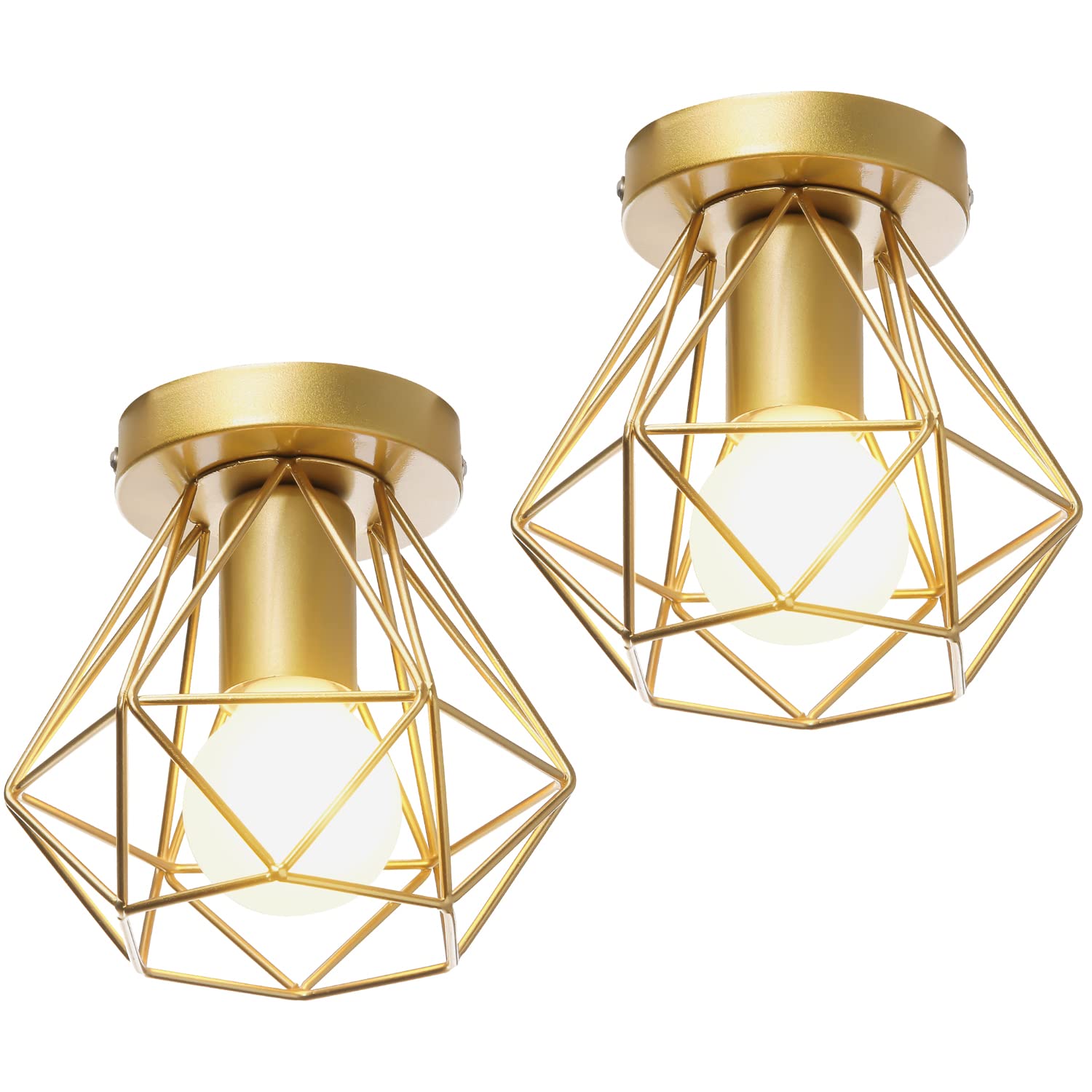 iDEGU 2 Piezas Lámparas de Techo Vintage Ø16cm E27 Iluminación de Techo Plafon Retro Lámparas Colgante Industrial Estilo Jaula Geométrica en Metal Luz de Techo Para Pasillo Cocina (Jaula A, Dorado)