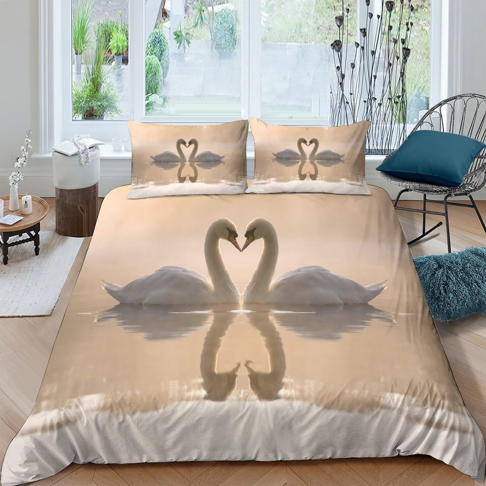 Ctjqhvkz Style-9 3D Printed Swan Reflection Fitted Sheet Microfiber Beige Bedroom Bed Cover Anti-Slip Easy Care Home Decor Single（135X200cm）