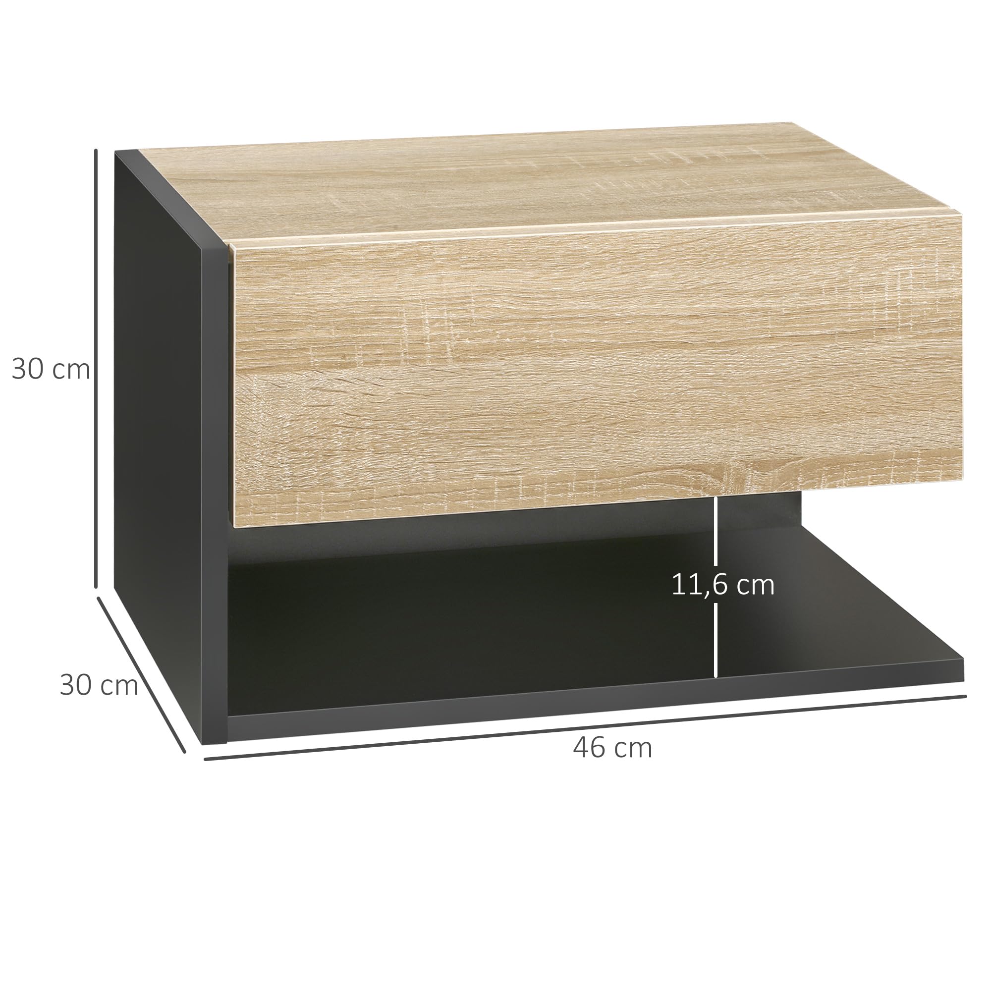 HOMCOM Juego de 2 Mesitas de Noche Flotantes Mesitas de Noche Colgantes con 1 Cajón y Estante Abierto para Dormitorio 46x30x30 cm Roble y Negro