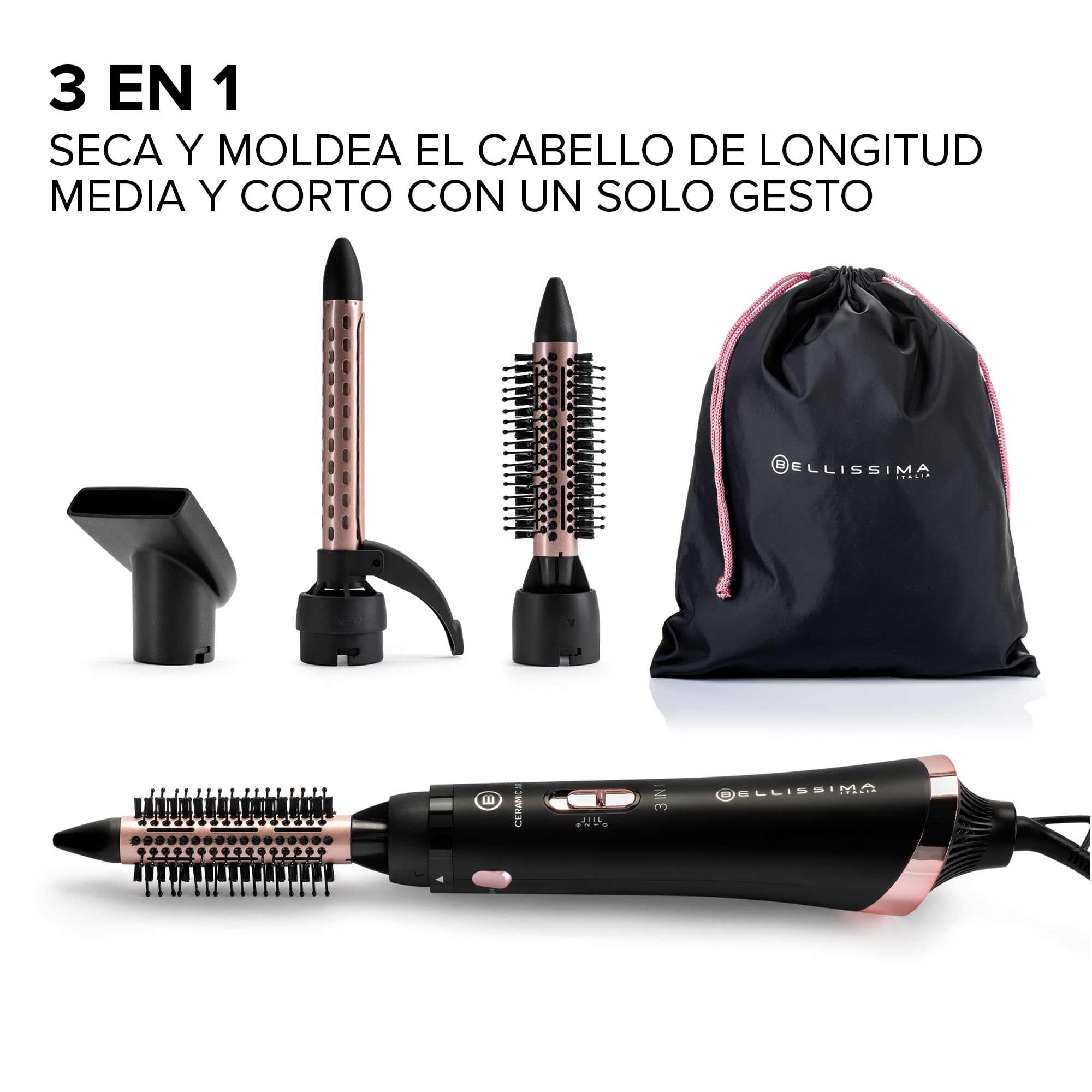 Bellissima Ceramic Air - Moldeador de aire caliente 3 en 1, para cabello corto y medio, 800 W, moldeado y secado, revestimiento cerámico, 2 combinaciones de aire/temperatura, chorro de aire frío