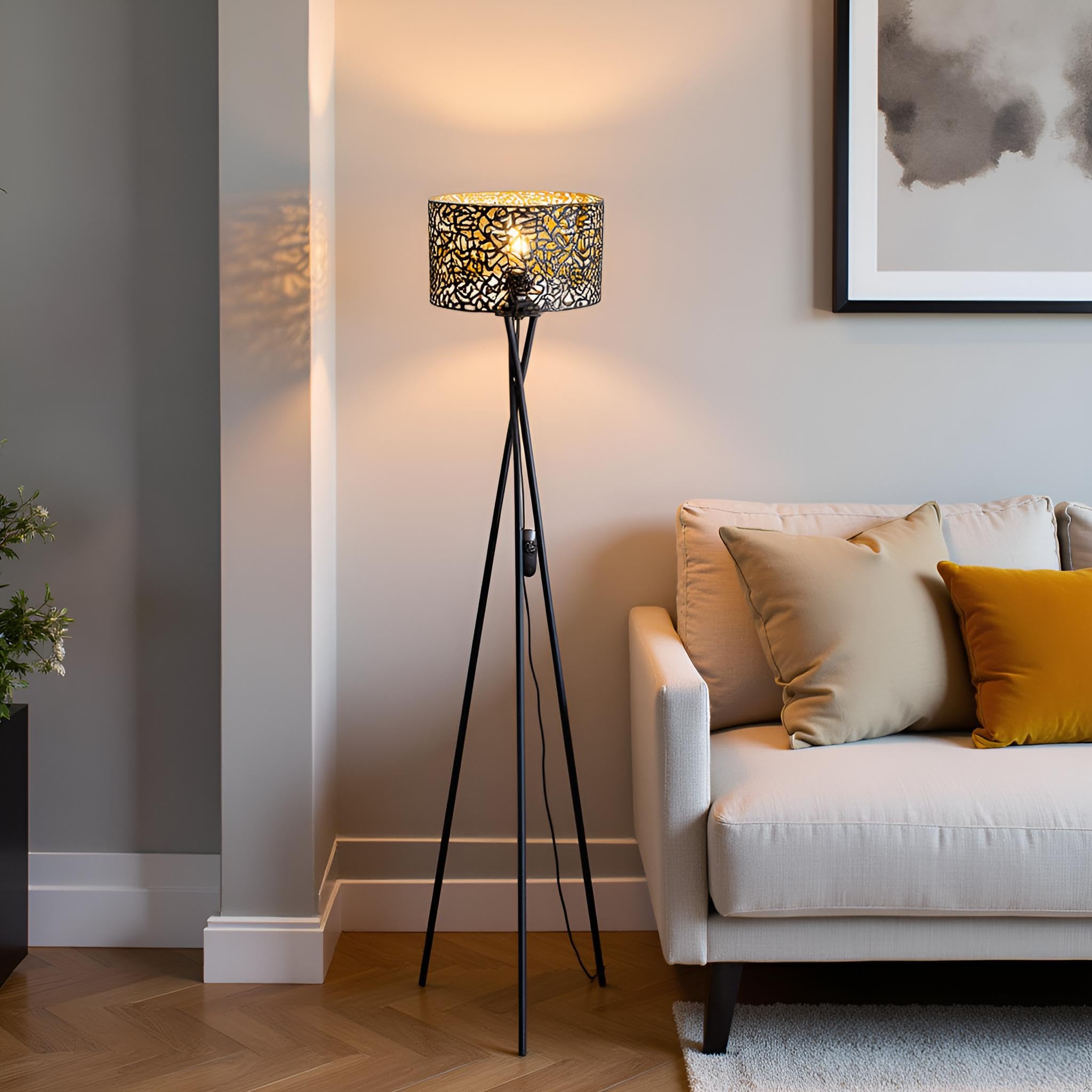 Moderne Stehlampe mit LED-Birne & Schirm, Dreibein-Gestell, Schwarz, E27 Fassung, Dekorative Stehleuchte für Wohnzimmer und Büro Schlafzimmer