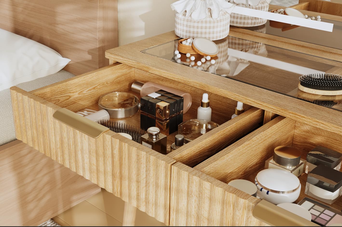 Plateau de Coiffeuse avec Miroir Lumineux 90 cm – 2 tiroirs intégrés + Plateau Verre trempé – À associer au Caisson de Rangement (Vendu séparément) – Chêne Naturel