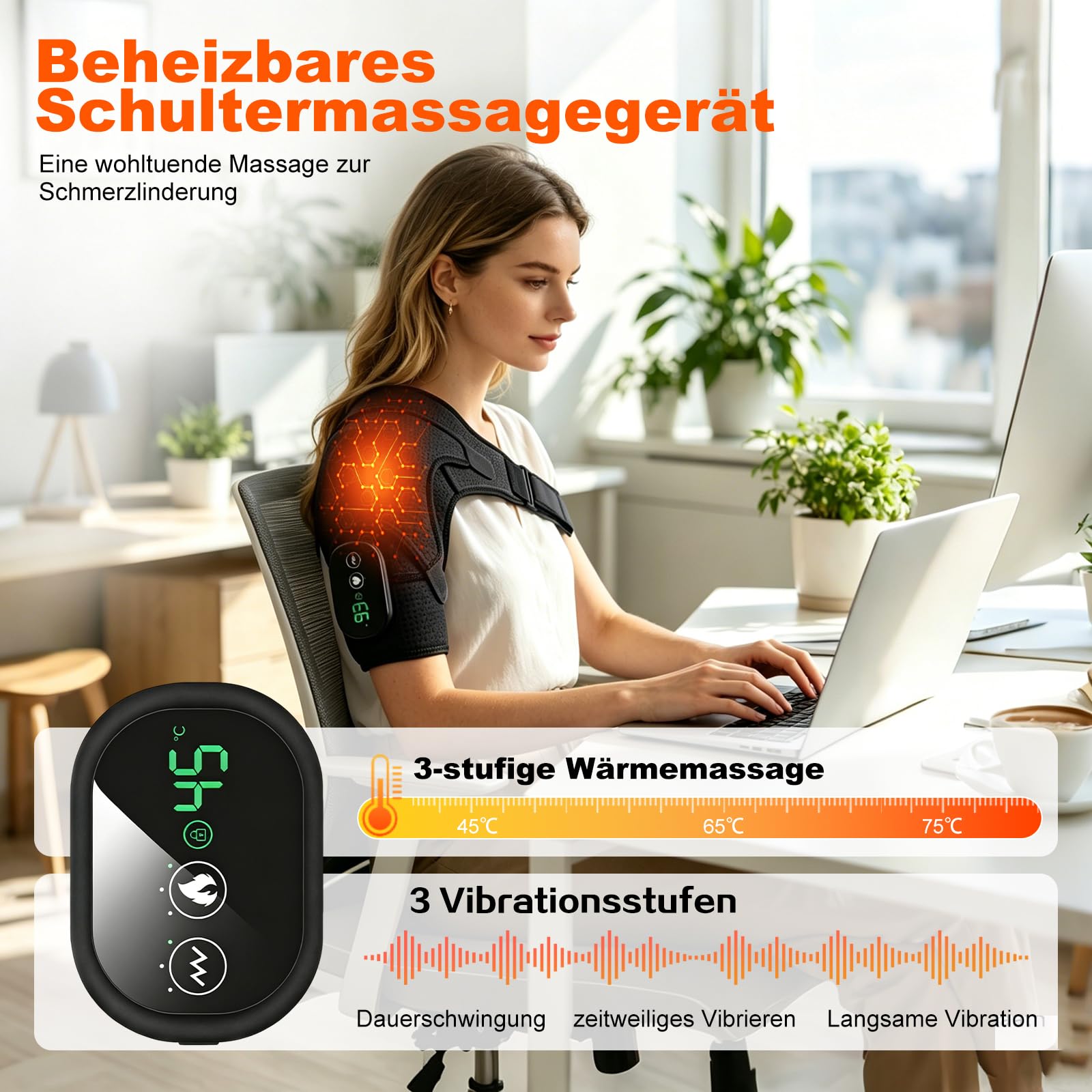 3-in-1 Schultermassager und Schulterheizungspolster mit Massage mit 5 Heizungsstufen und 5 Vibrationsmodi, 5000mAh-Batterie für langlebige Leistung und verstellbarem Design