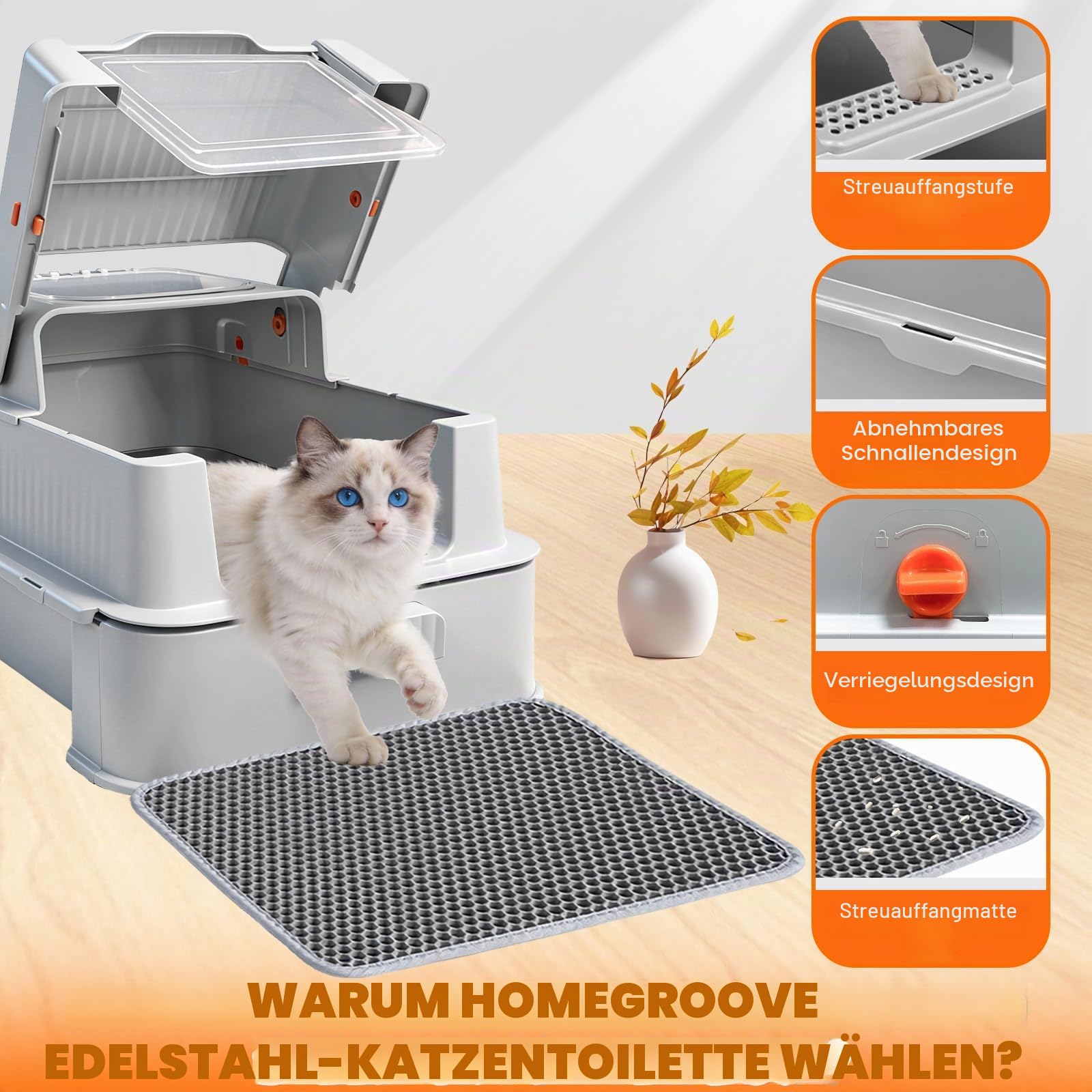 Homegroove Geschlossener Edelstahl-Katzenklo mit Schublade, XL Große Metall-Katzentoilette mit Deckel für Wohnungskatzen, Metall-Abdeckkasten mit Schaufel & Pedal (Hellgrau)