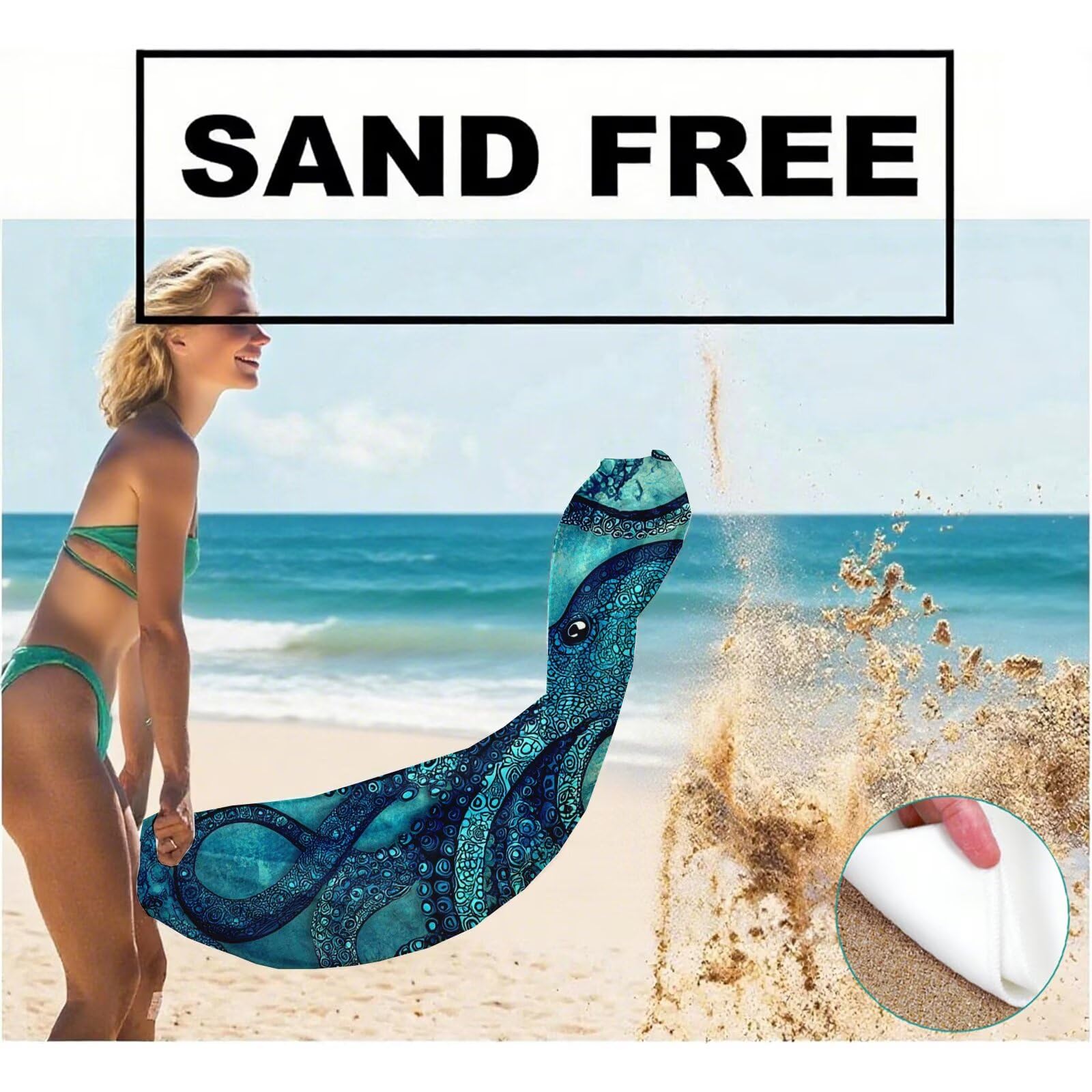 Mikrofaser Strandtuch 180x100 cm, Strandtuch Oktopus Sandfrei, Schnelltrocknendes und Strand Sonnenschutz Funktion Mikrofaser Handtuch groß für Badezimmer Strand Schwimmen Camping Strand Zubehör Q-309
