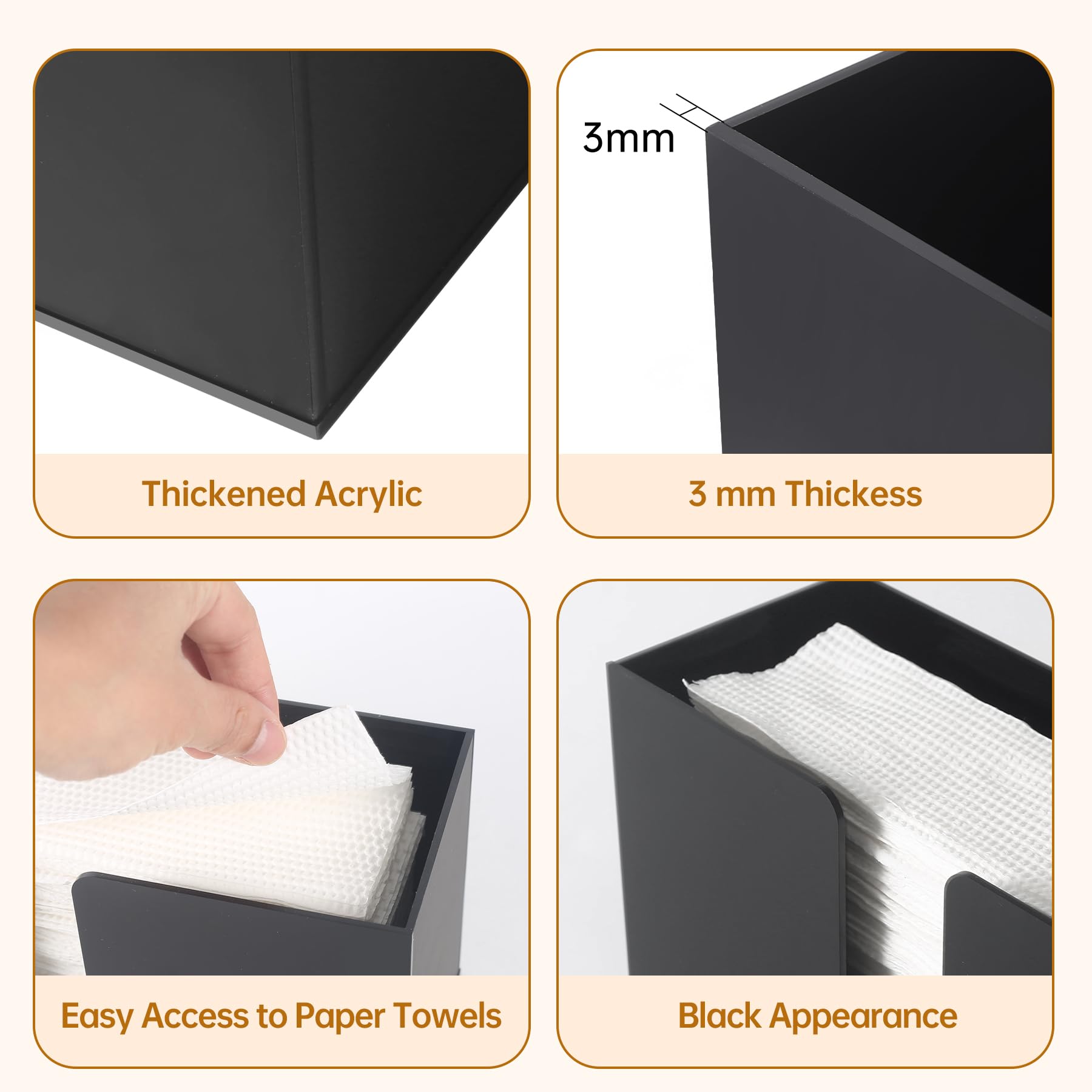 Soporte acrílico para toallas de papel para encimera, servilletero acrílico negro, dispensador de toallas de papel (3 mm) para toallas de papel plegables en C, plegado en Z o multipliegue para baño