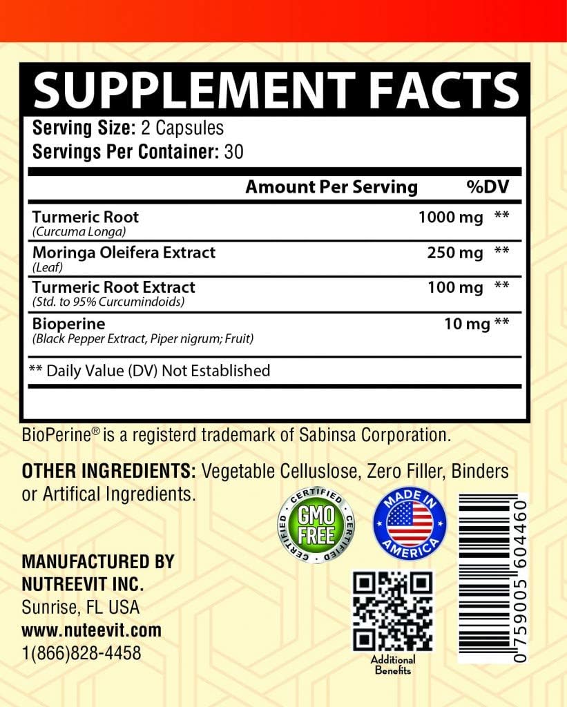 NutreeVit 100% Organic Turmeric Curcumin with Moringa Oleifera and Bioperine Supplement. Made in USA (200 Count)