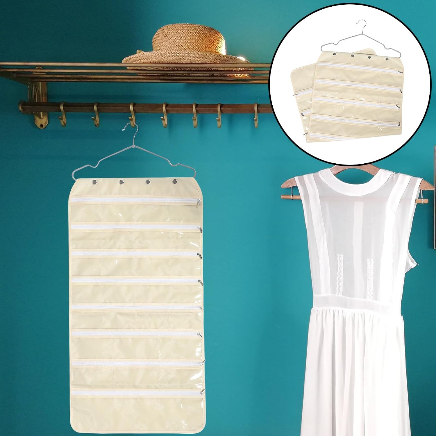Beige Hanging Jewelry Organizer Bag with Zippered Pockets, Oxford Fabric and Pvc Material, Protects Jewelry and Prevents Loss, for Travel and Door Closet Storage