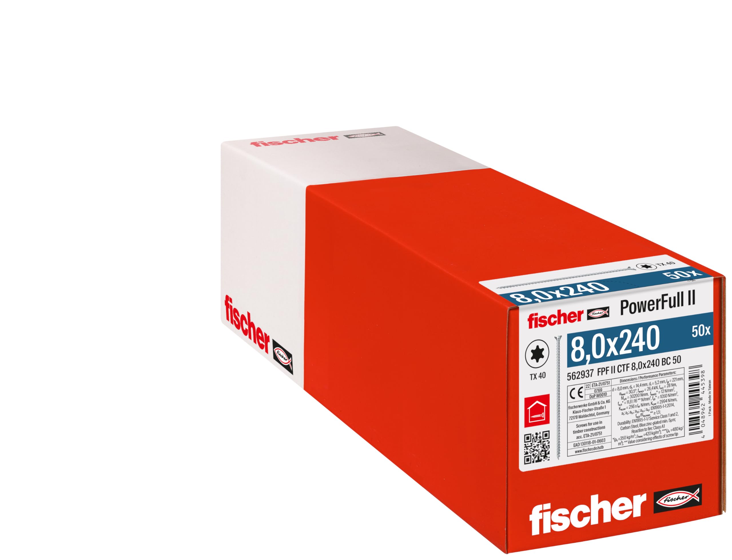 Fischer Viti per Legno e Costruzioni PowerFull II CTF 8,0x240 mm, Filetto Totale, Testa Svasata Piana, Impronta Torx, Zincata Bianca, 50 Pz, 562937
