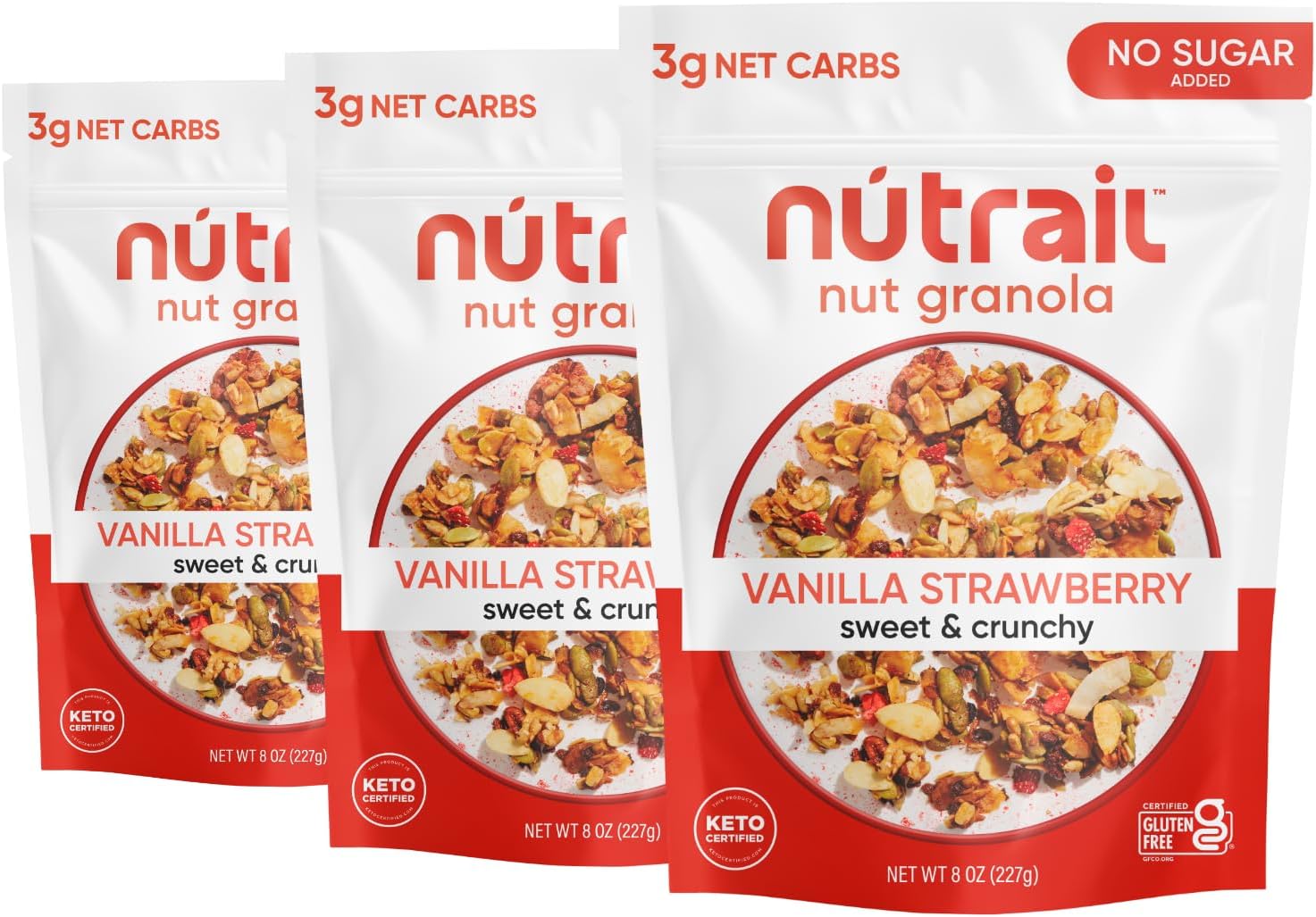 NuTrail Nut Granola Cereal, Vanilla Strawberry, No Sugar Added, Keto, Low Carb, Gluten Free, Grain Free, Healthy Breakfast 8 oz. 3 Count