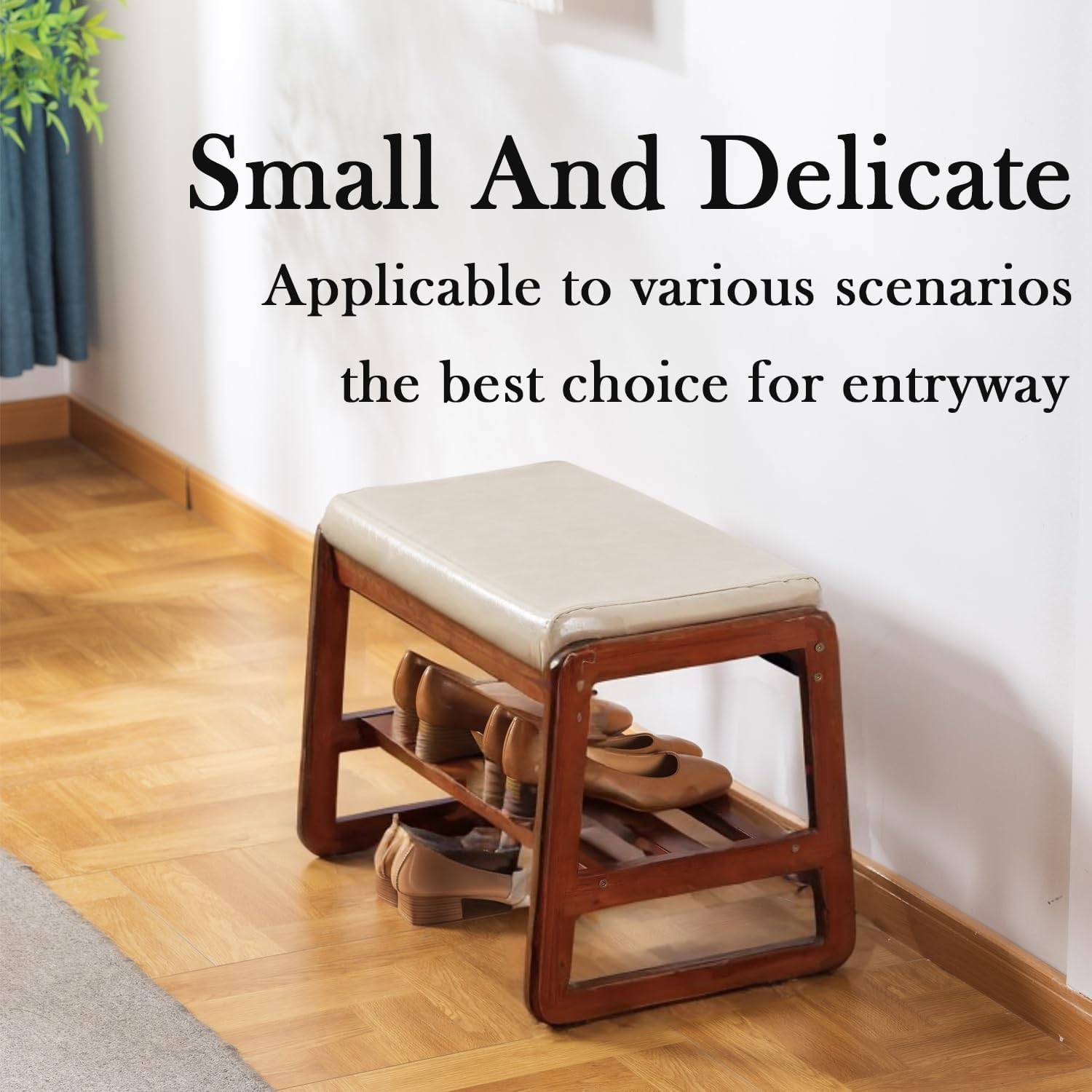 latifolia Solid Wood Bench, Entryway Shoe Bench with Cushion, 2 Tier Shoe Storage Organizer for Hallway, Living Room(Grey,21.65''L)