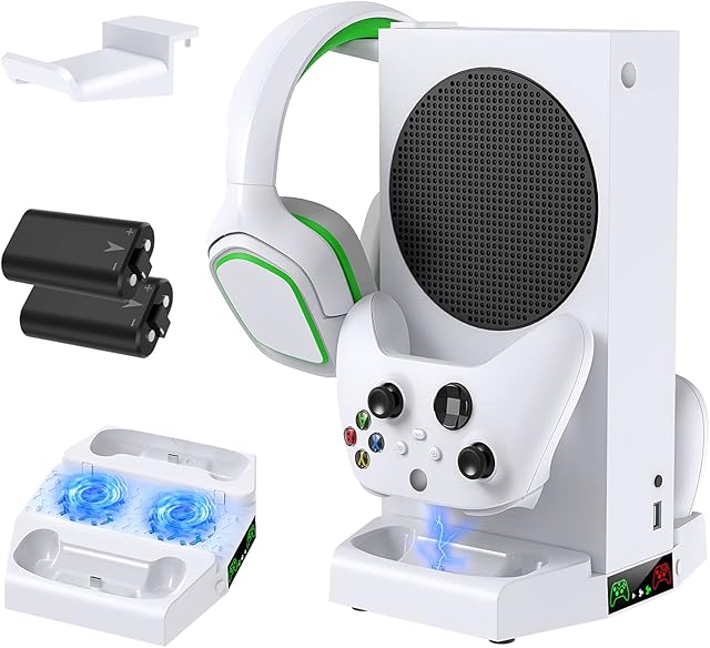 Auarte Charging Stand for Xbox Series S Console with Cooling Fan Accessories, 3-Gear Cooling Stand with Dual Controller Charging Station & 2X 1400mAh Rechargeable Batteries & Gaming Headset Holder