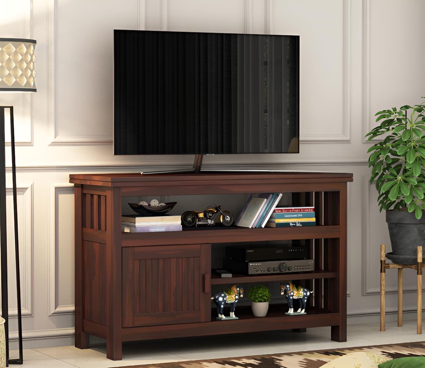 Solid Sheesham Wood TV Unit with 3 Open Shelves & 1 Door Storage | Wooden TV Stand for Living Room & Bedroom | Modern Entertainment Console Table – Walnut Finish-image-47