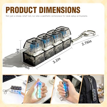 Renkli LED Işıklı 2'li Paket Klavye Fidget Anahtarlık, 4'ü 1 Arada Stres Tıklayıcı Oyuncak, Anksiyete Giderme için Klavye Düğmesi, Yetişkinler için Dekompresyon Oyuncak (Siyah+Beyaz) Şeffaf)