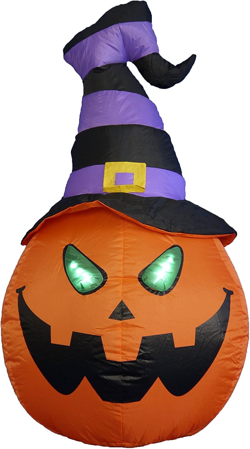 4 FT Tall Lighted Halloween Inflatable Pumpkin with Witch Hat LED Lights Decor Outdoor Indoor Holiday Decorations, Blow up Lighted Yard Decor, Giant Lawn Inflatables Home Family Outside
