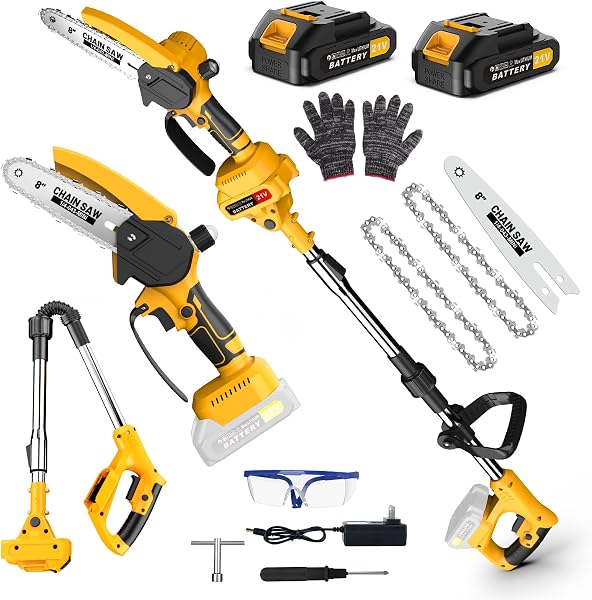 Tronçonneuse télescopique 2-en-1 sur perche, tête pivotante 180°, moteur sans balais, 2 batteries 3000 mAh, 8 pouces