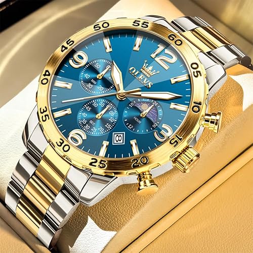 Miniatura 3 de OLEVS Reloj de lujo para hombre, pulsera grande, analógico, cuarzo, acero inoxidable, impermeable, luminoso, fecha, cronógrafo, fase lunar, relojes