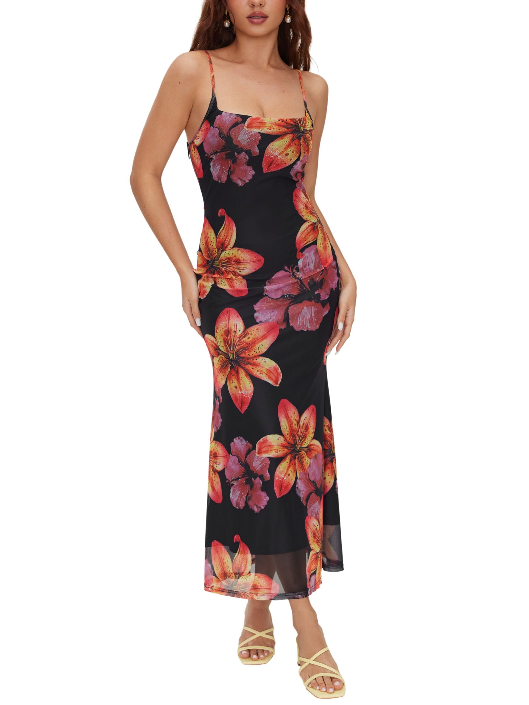 CIDER Maxikleid für Damen, Sommer, Blumenmuster, Spaghettiträger, Stretch, figurbetont, Netzstoff, Strand, Urlaub, Date, Nacht, langes Kleid