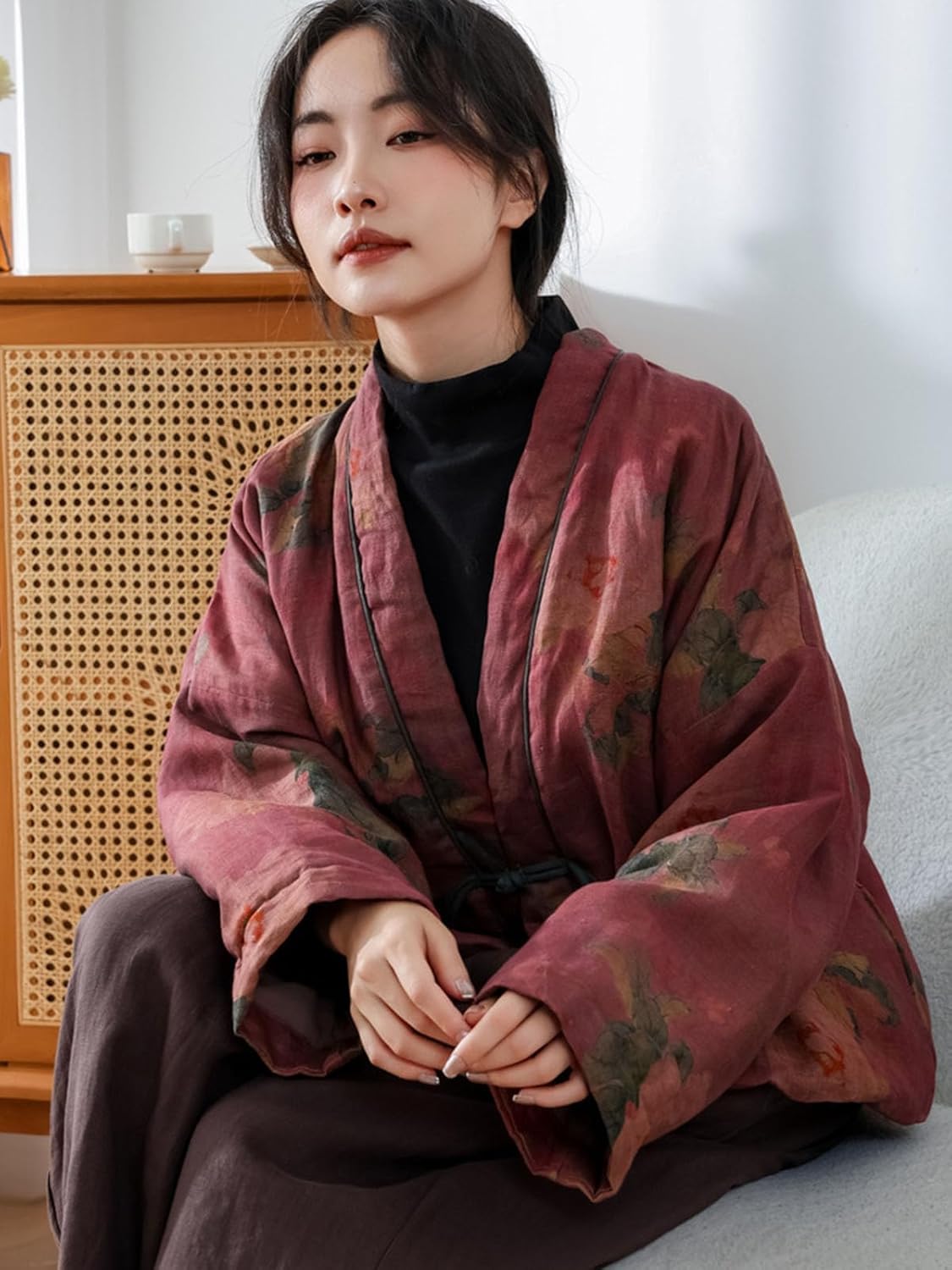 Women's Short Quilted Jacket Open Front V-Neck Vintage Print Casual Lightweight Outwear for Spring and Fall - Image 2