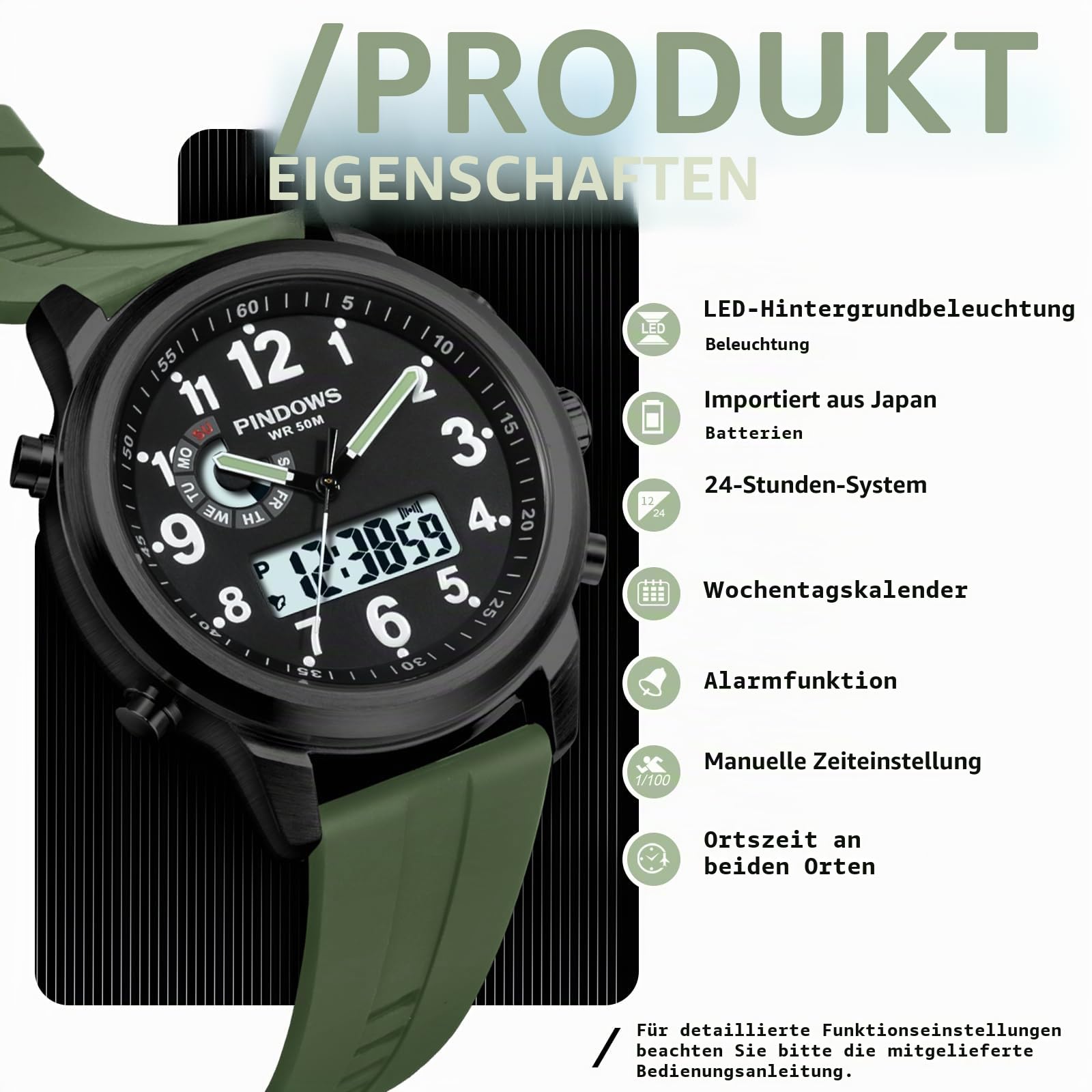 PINDOWS Herrenuhren, bis 30 m wasserdicht, militärische Digitale Analoguhr, Outdoor-Sportuhr, multifunktionale Lederarmbanduhr mit Dualzeit, LED-Hintergrundbeleuchtung, Alarm, Stoppuhr und Kalender