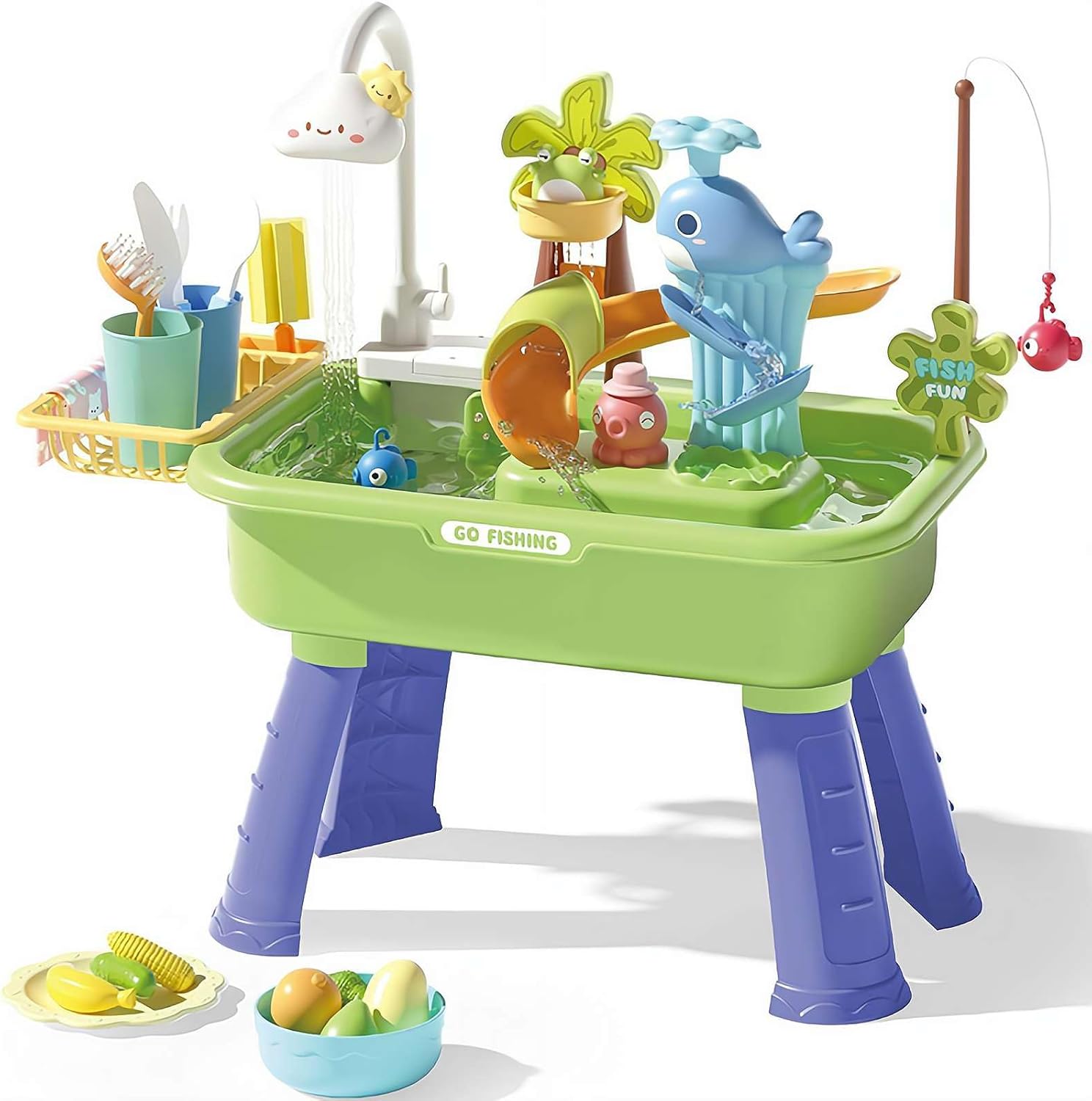 Water Table Set with Pump, Electric Play Sink with Running Water, Detachable Table Legs with Fishing Game, Promote Hand-Eye Coordination & Creativity for Home Parks School