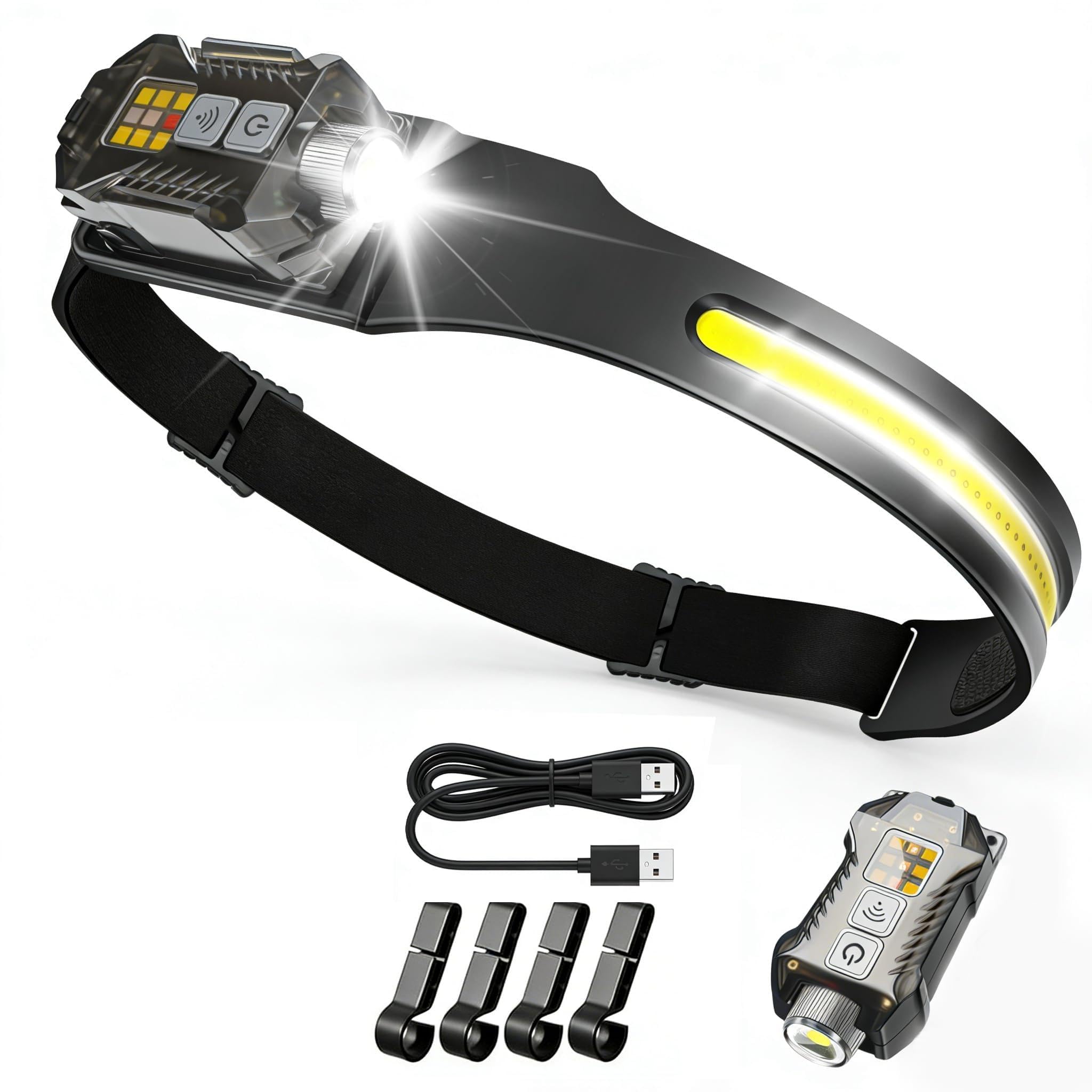 Professional Motion Sensor Head Torch -Detachable & Magnetic 2000 Lumen Super Bright, 300° Wide Beam, Rechargeable USB-C Waterproof Headlamp with Adjustable Spotlight, for Camping, Running, Hiking